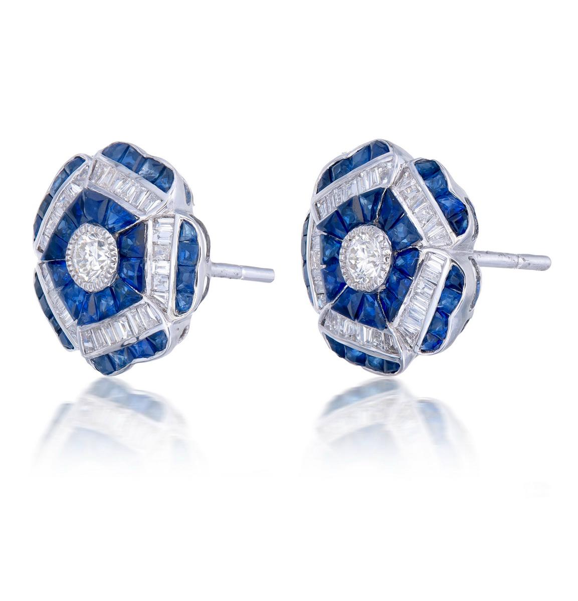 Mixed Cut Floral Blue Sapphire and Diamond Earrings in 18 Karat Gold For Sale