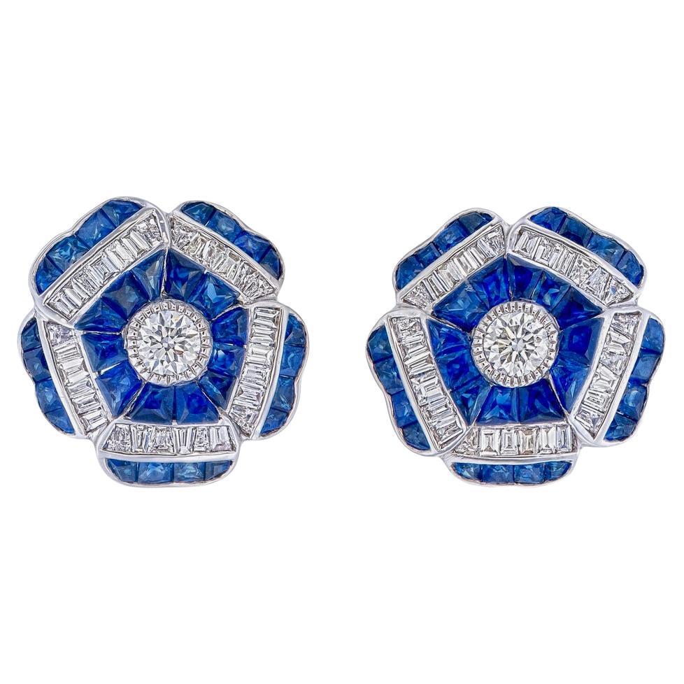 Floral Blue Sapphire and Diamond Earrings in 18 Karat Gold For Sale