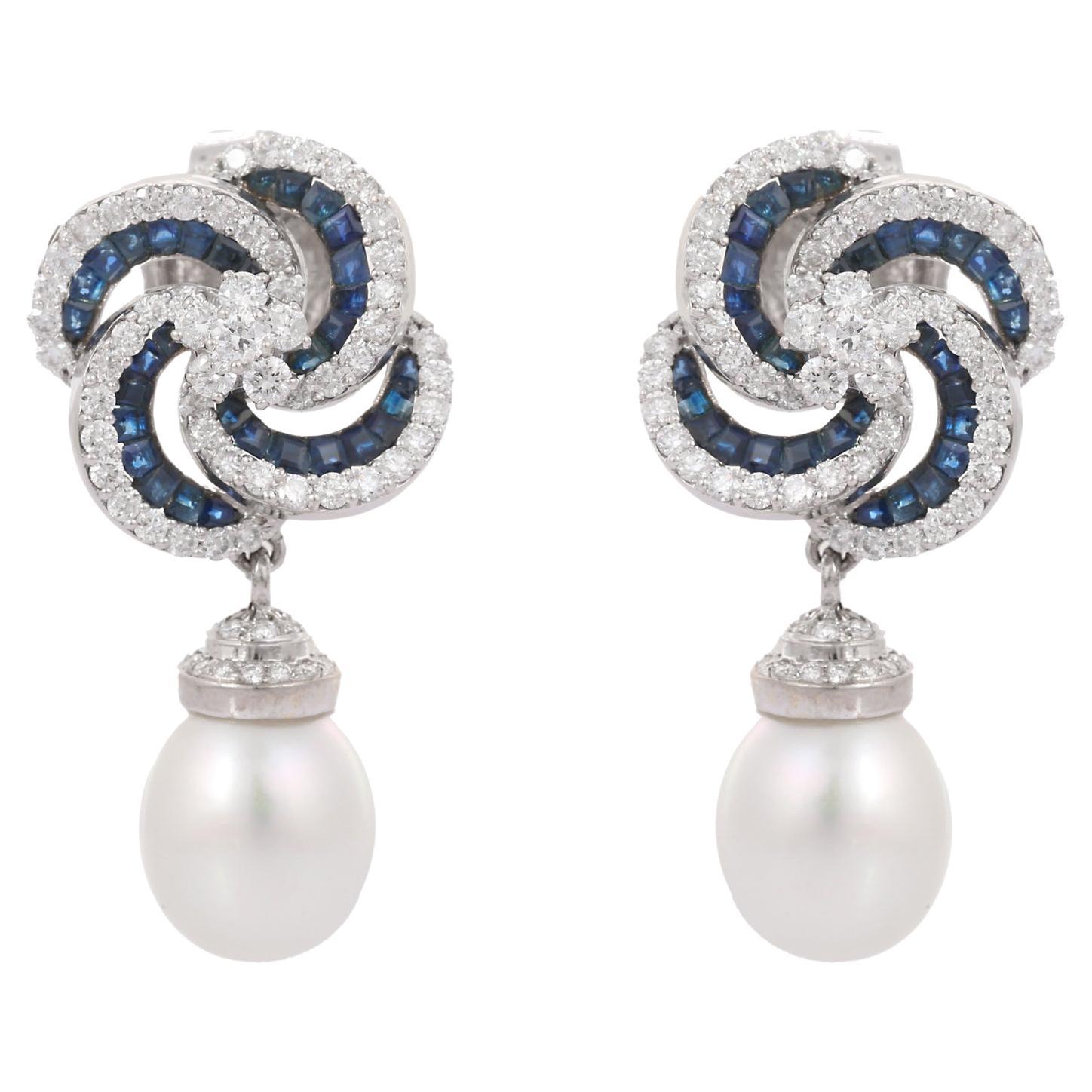 Floral Blue Sapphire and Diamond Pearl Drop Earrings in 18K White Gold