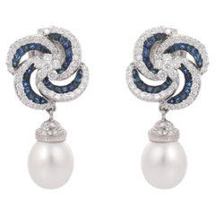 Floral Blue Sapphire and Diamond Pearl Drop Earrings in 18K White Gold