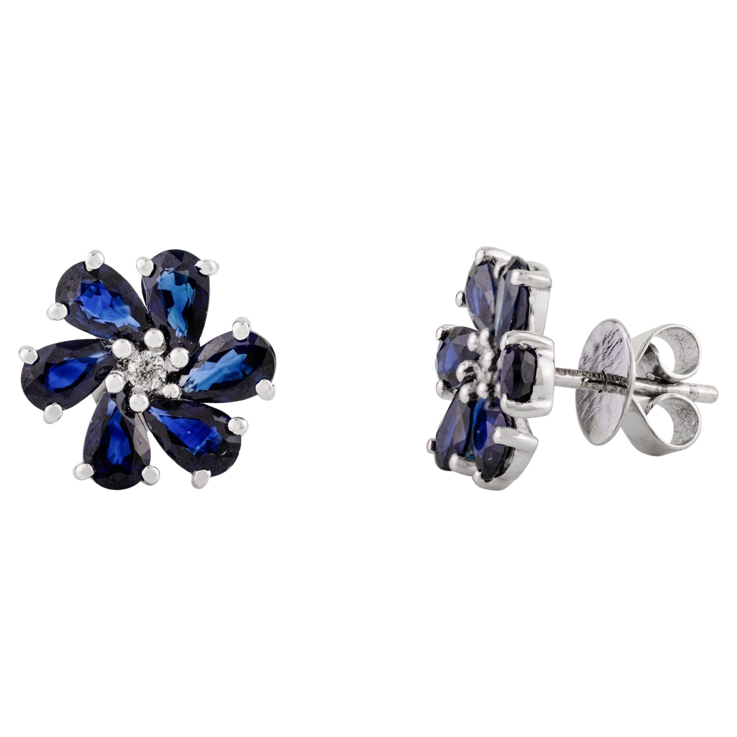 Floral Blue Sapphire Diamond Stud Earrings Gift in 18k Solid White Gold