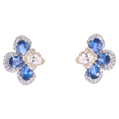 Floral Blue Sapphire Natural Diamond Halo Earrings in 14k Solid Gold (Certified)