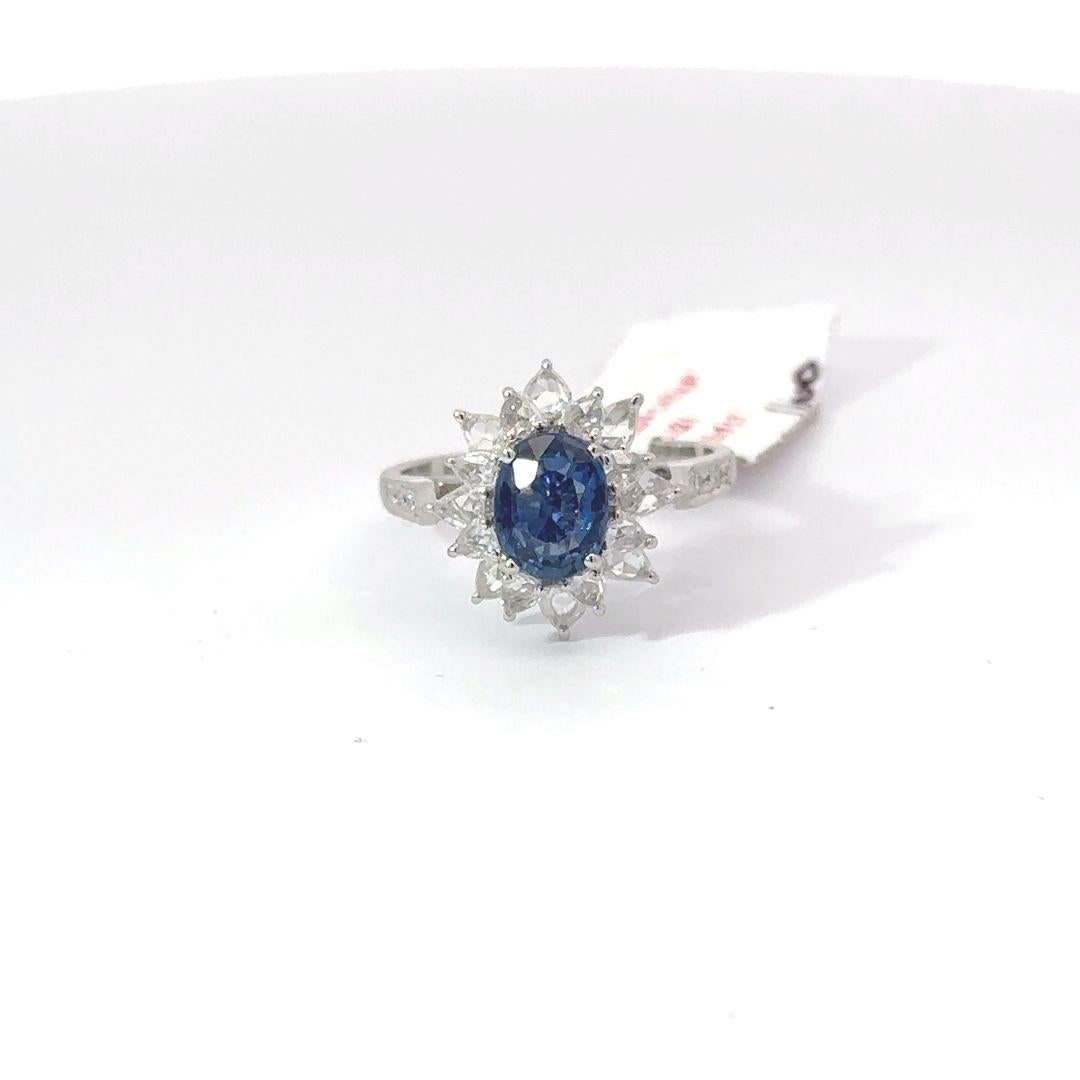 Modern Floral Blue Sapphire Ring with Rose Cut Diamonds For Sale