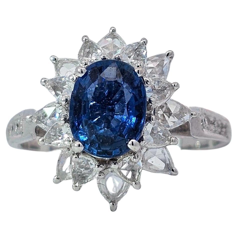 Floral Blue Sapphire Ring with Rose Cut Diamonds For Sale