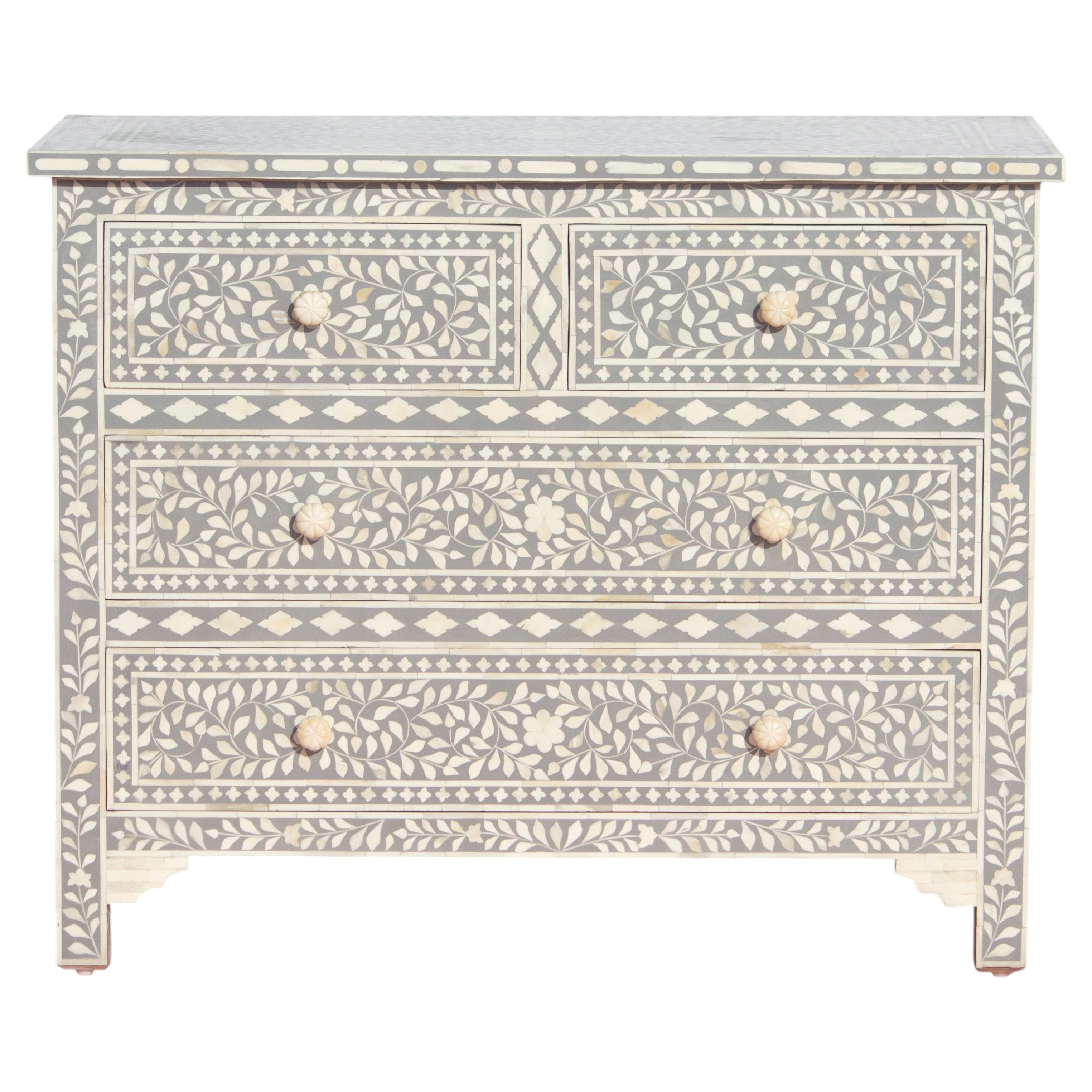 Floral Bone Inlay Multi-Color Dresser with Spacious Drawers by House of Jaipur For Sale