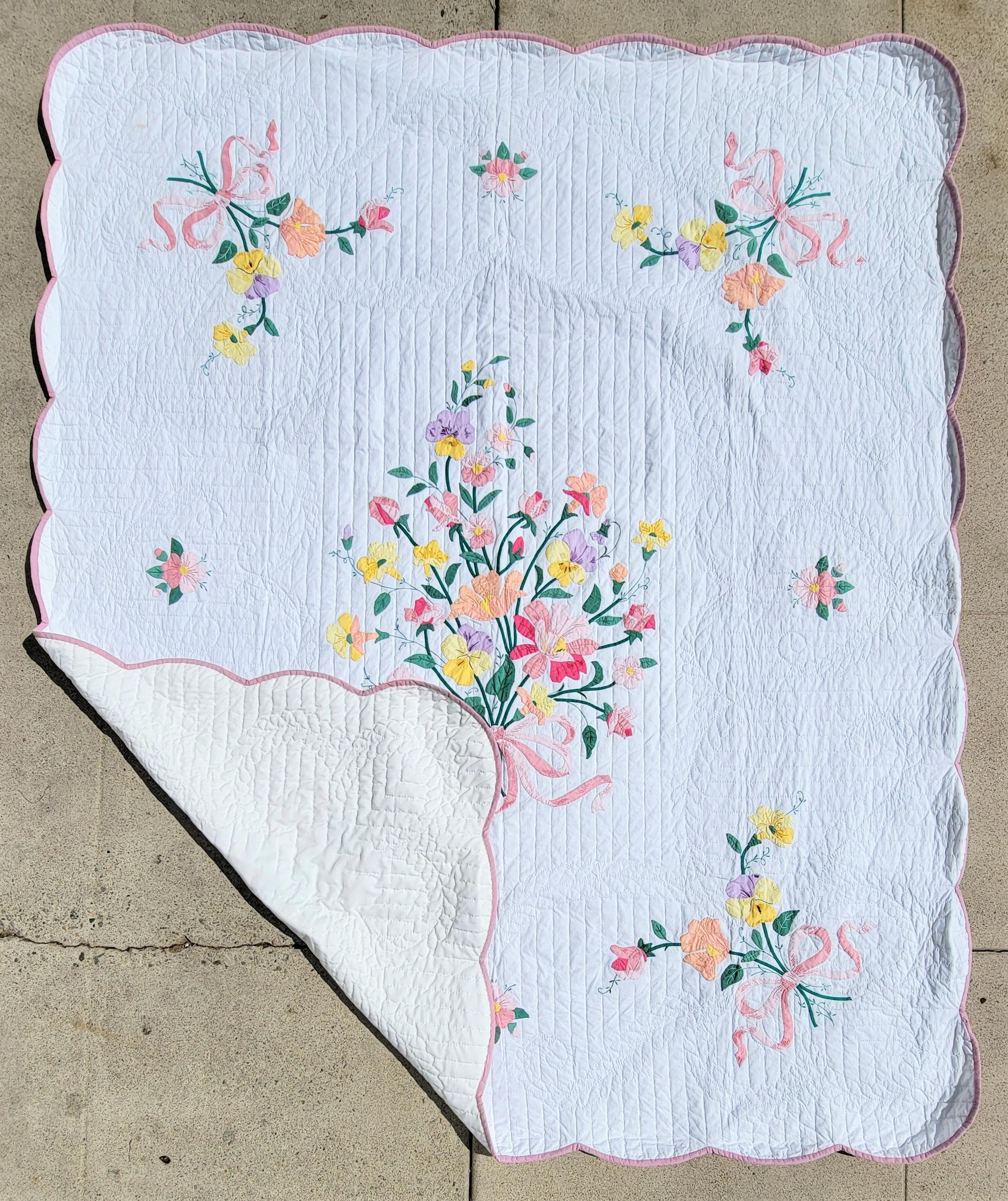 Hand-Crafted Floral Bouquet and Bow Applique Quilt For Sale