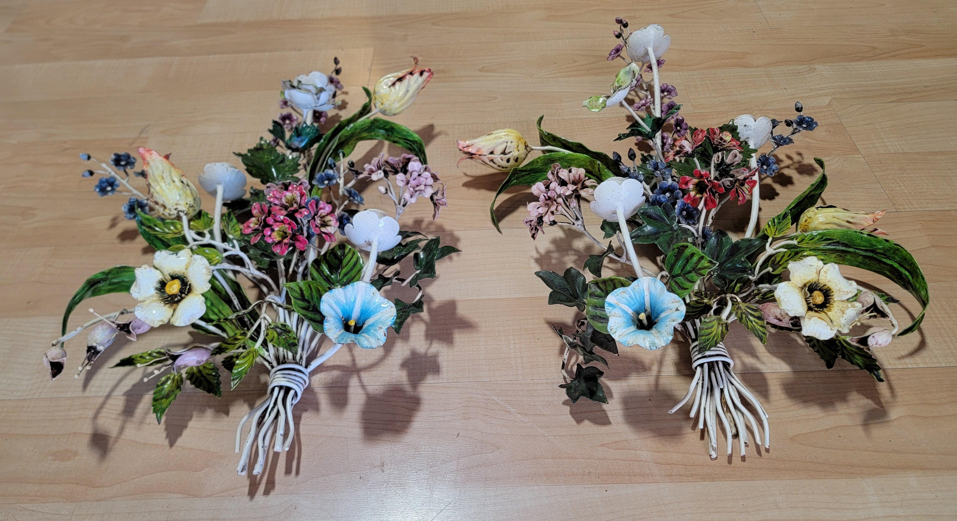 20th Century Floral Bouquet Candle Wall Sconces Italian Painted Toll A Pair For Sale