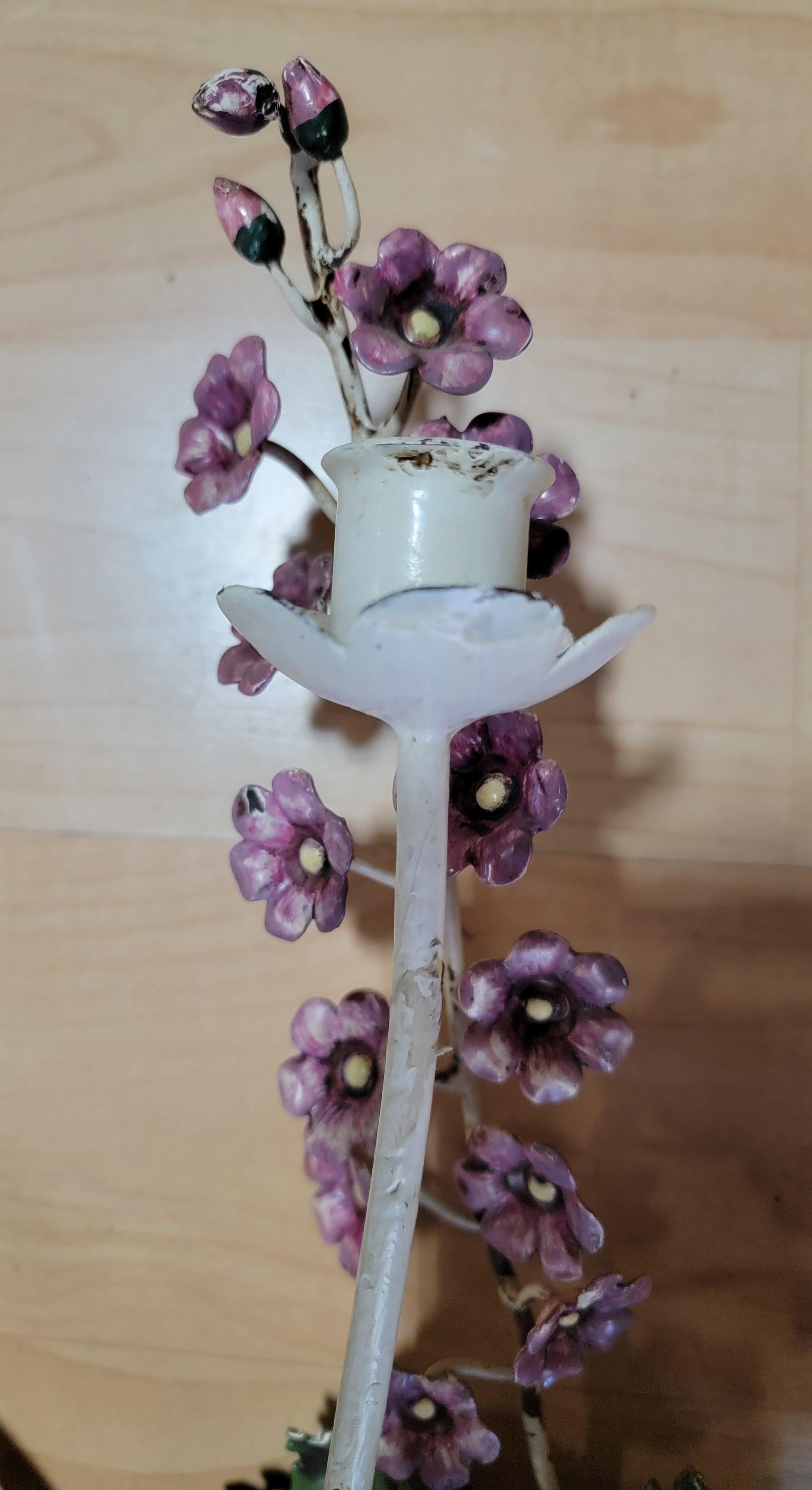 Floral Bouquet Candle Wall Sconces Italian Painted Toll A Pair For Sale 1