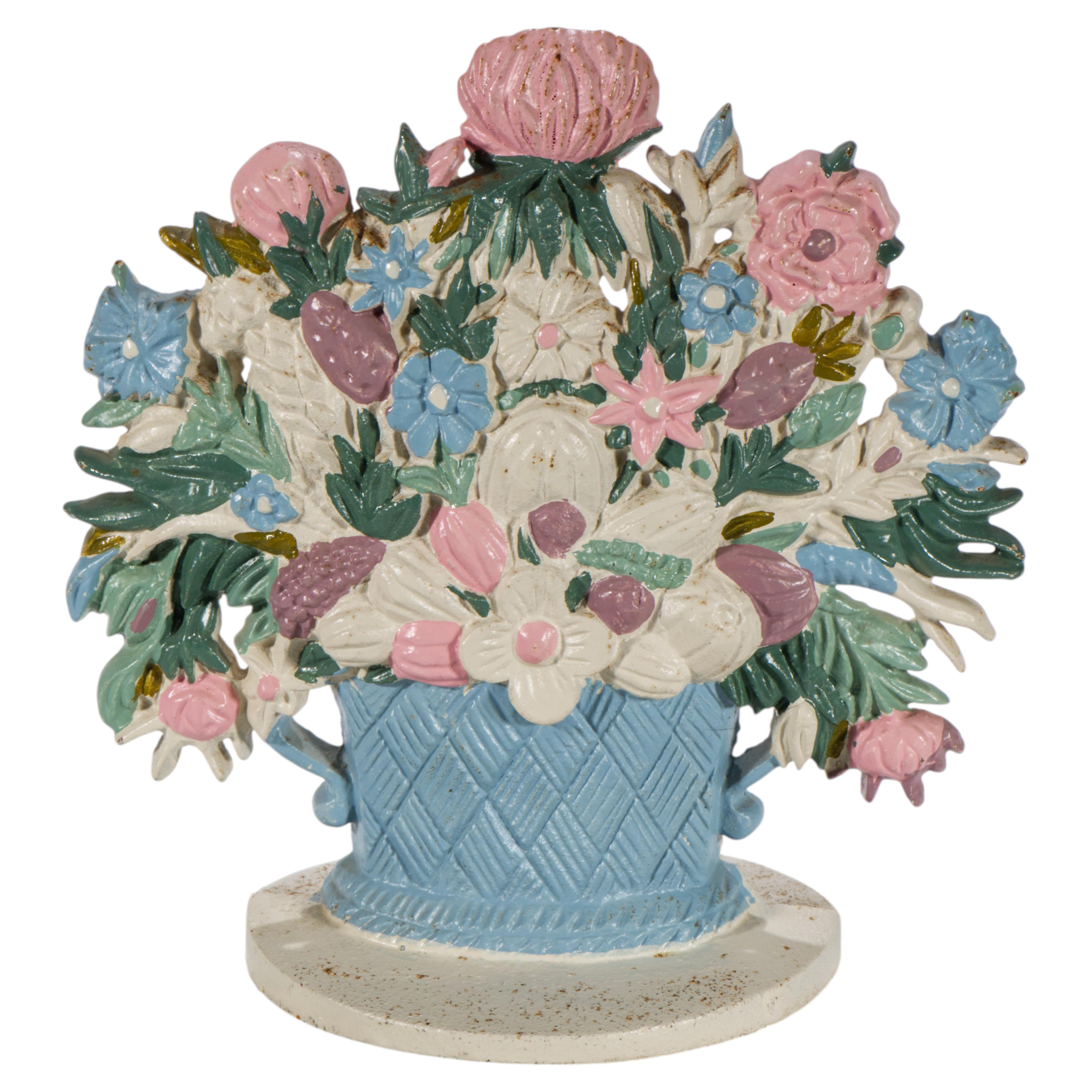 Floral Bouquet Door Stop Painted Cast Iron, American Folk Art