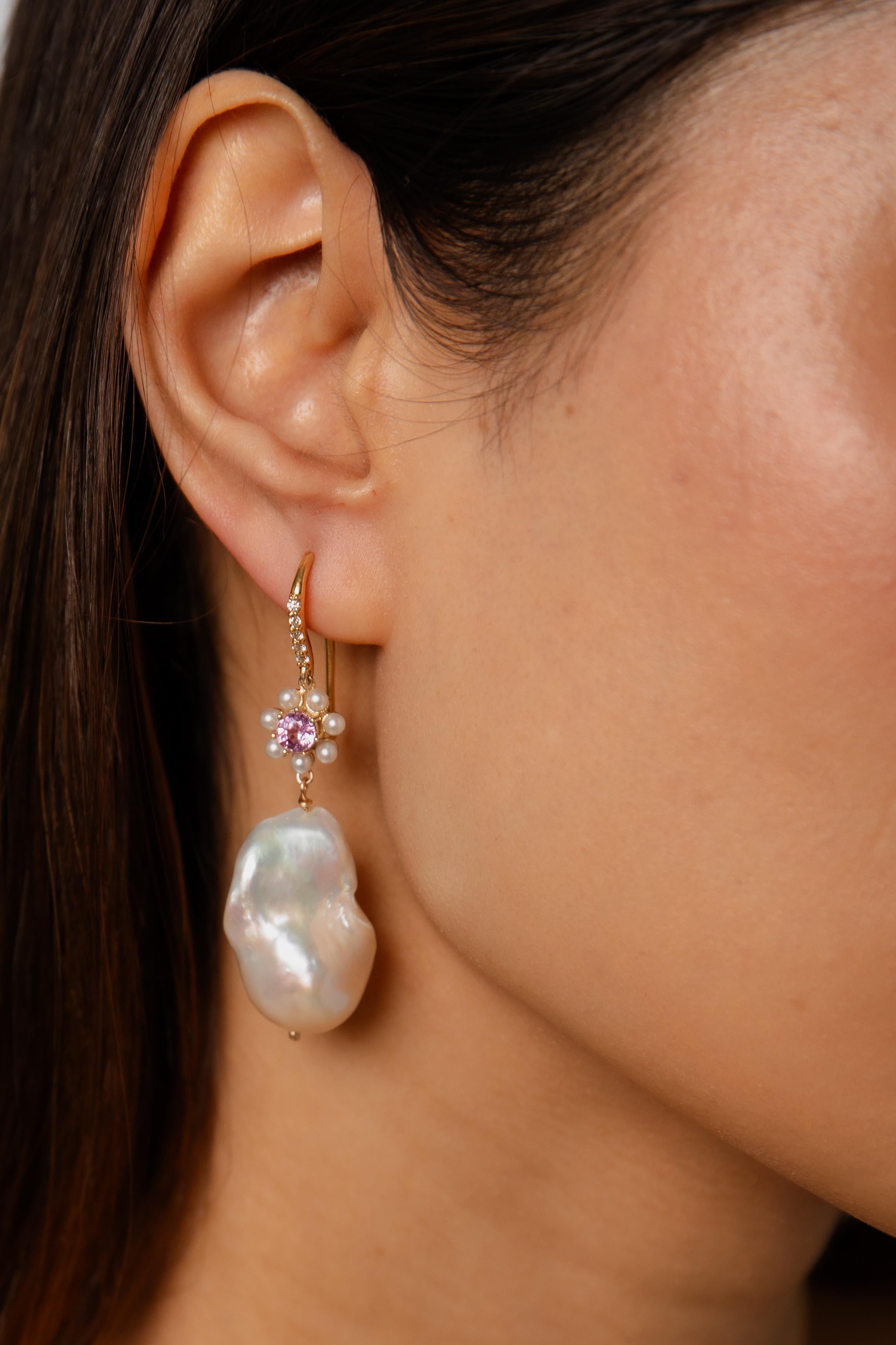 Floral Bouquet Earring with pink sapphires and Baroque Pearls For Sale 5