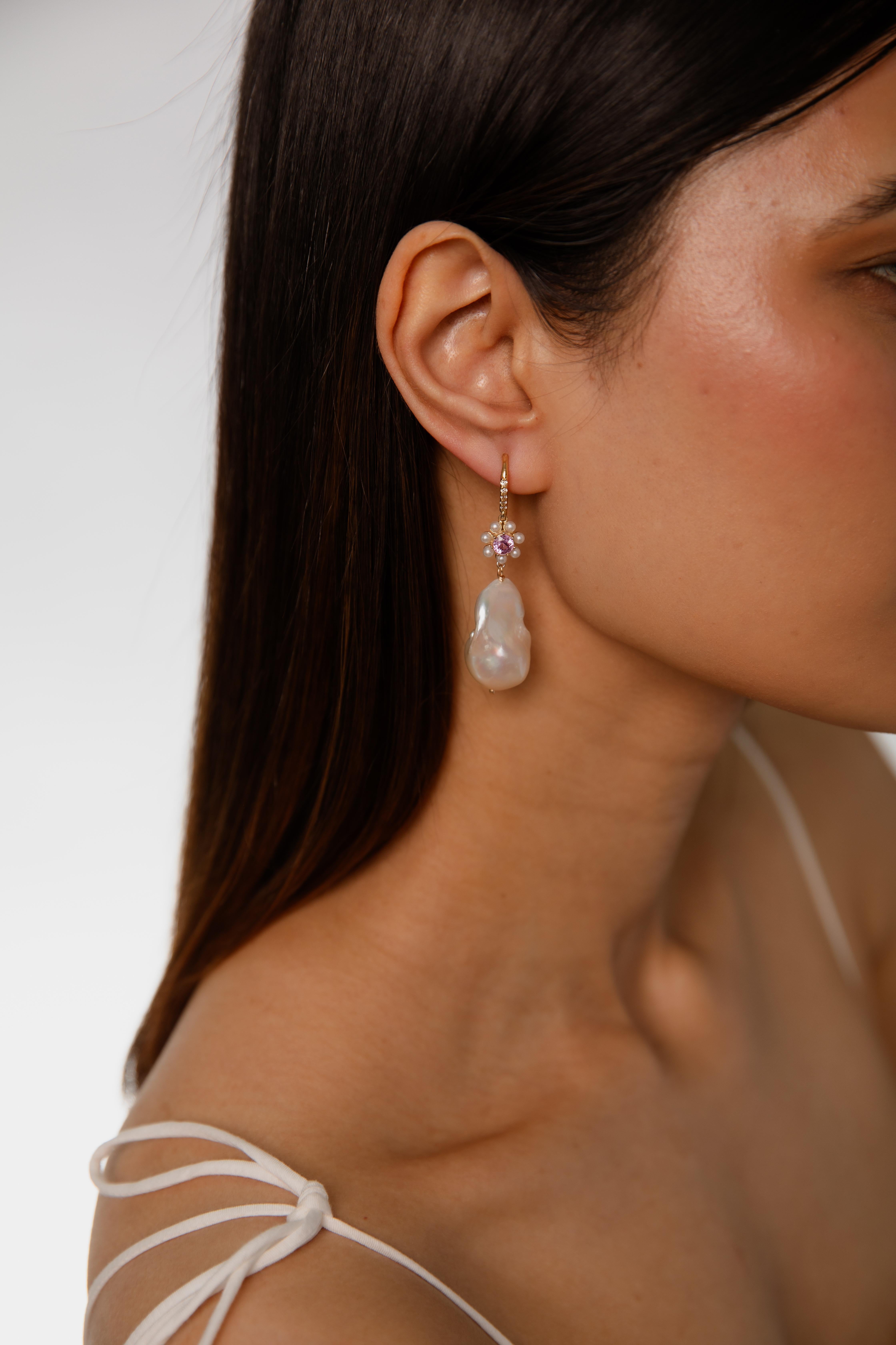 Floral Bouquet Earring with pink sapphires and Baroque Pearls For Sale 6
