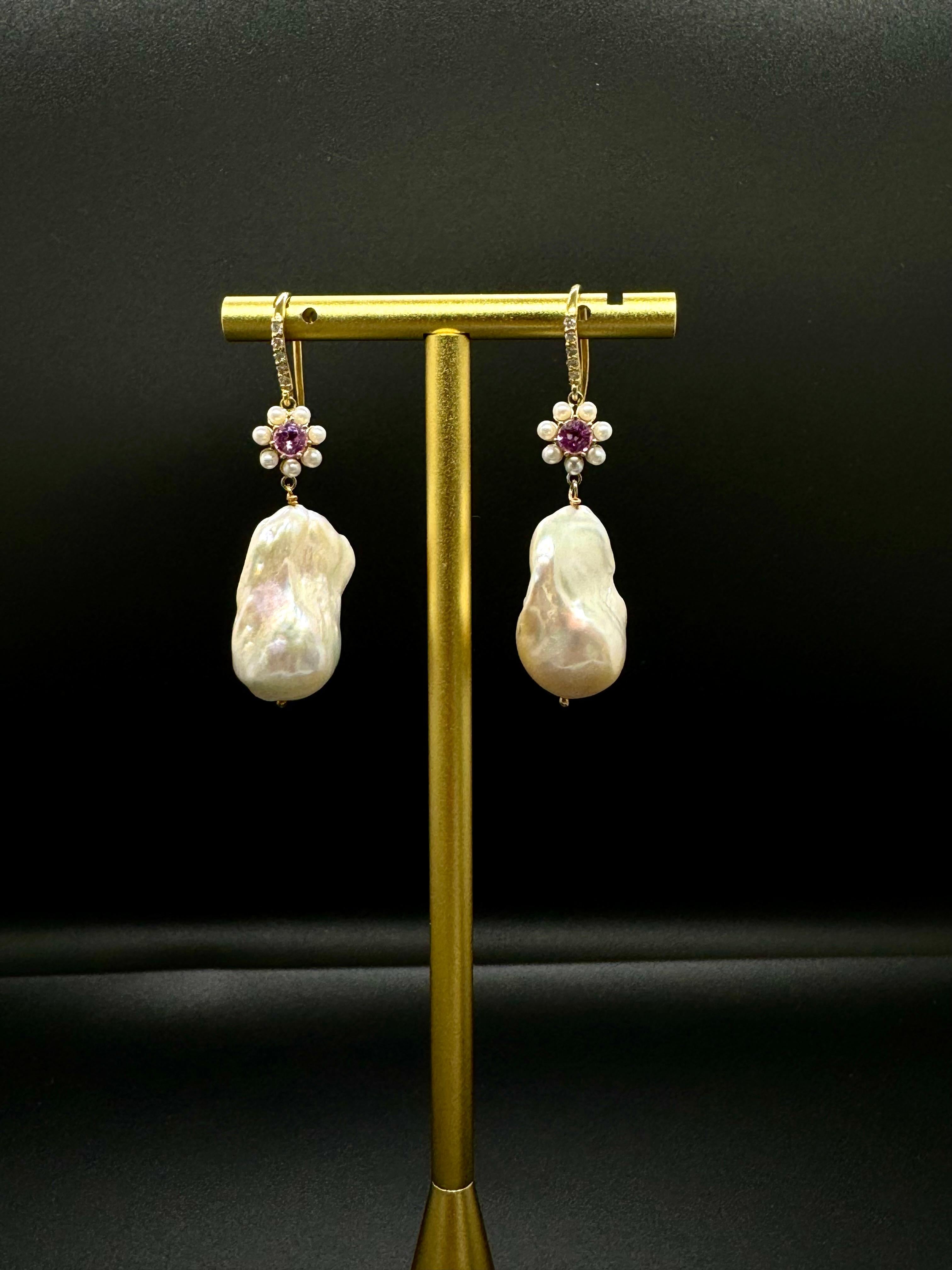 Round Cut Floral Bouquet Earring with pink sapphires and Baroque Pearls For Sale