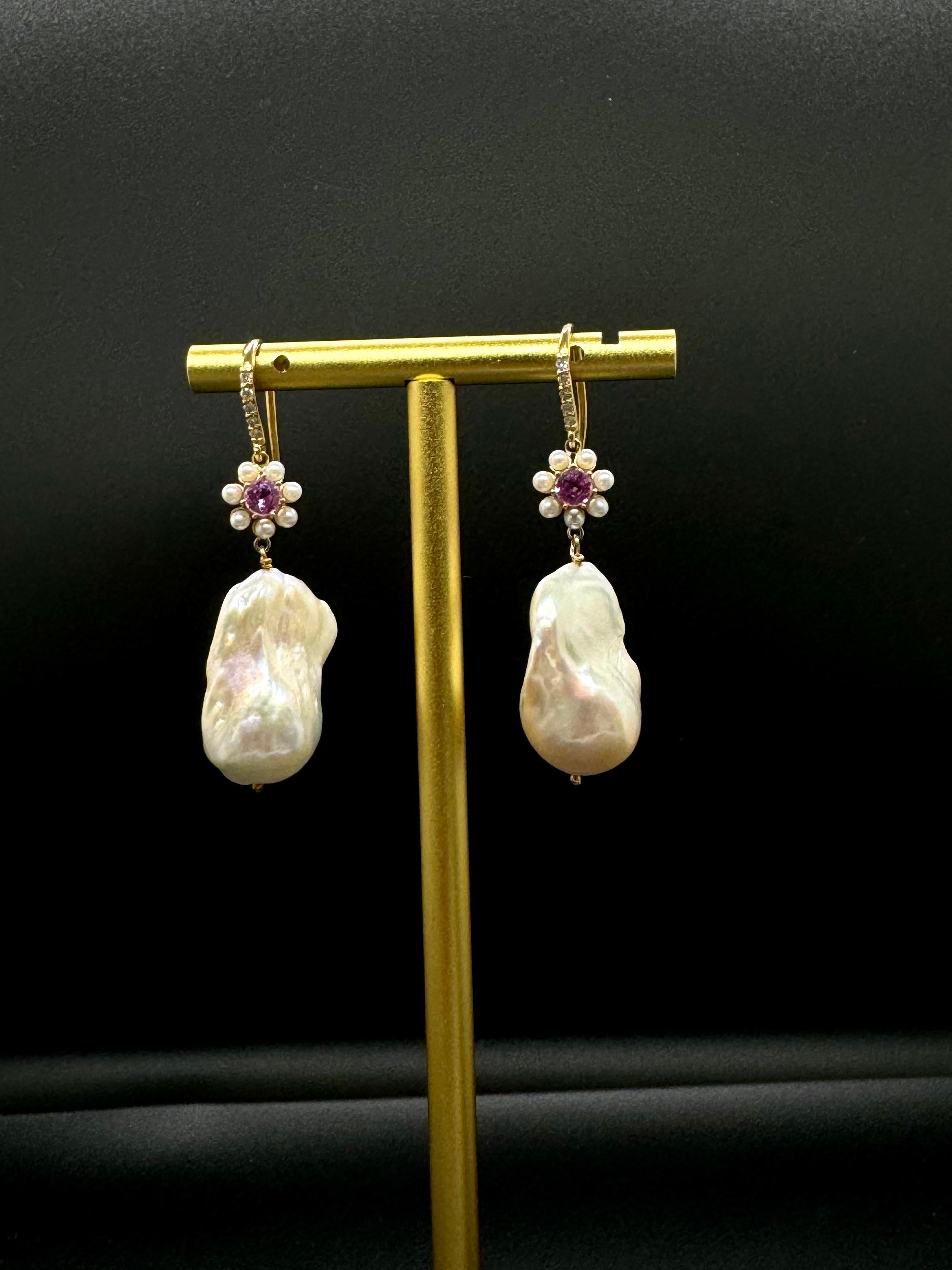 Women's or Men's Floral Bouquet Earring with pink sapphires and Baroque Pearls For Sale