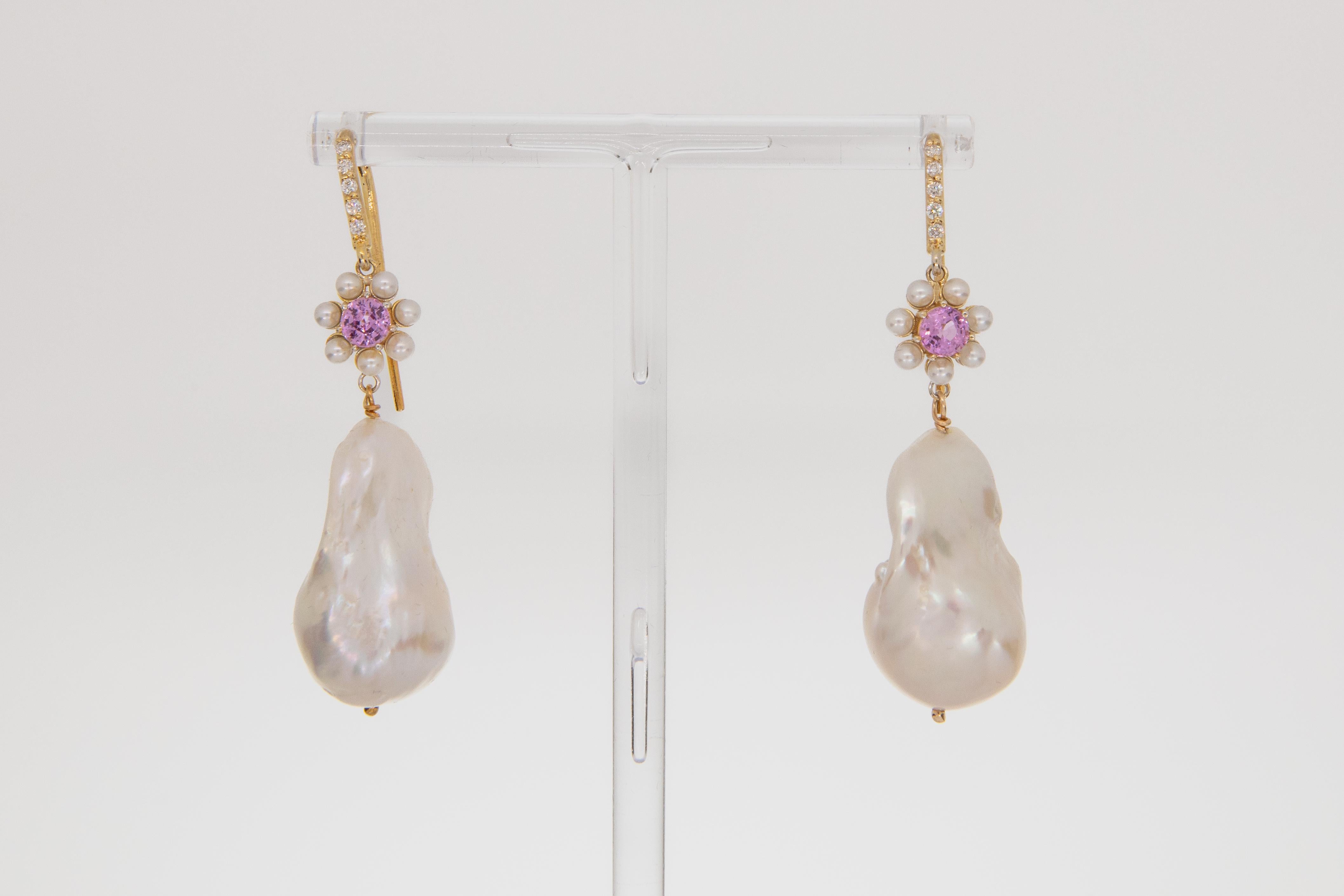 Floral Bouquet Earring with pink sapphires and Baroque Pearls For Sale 1