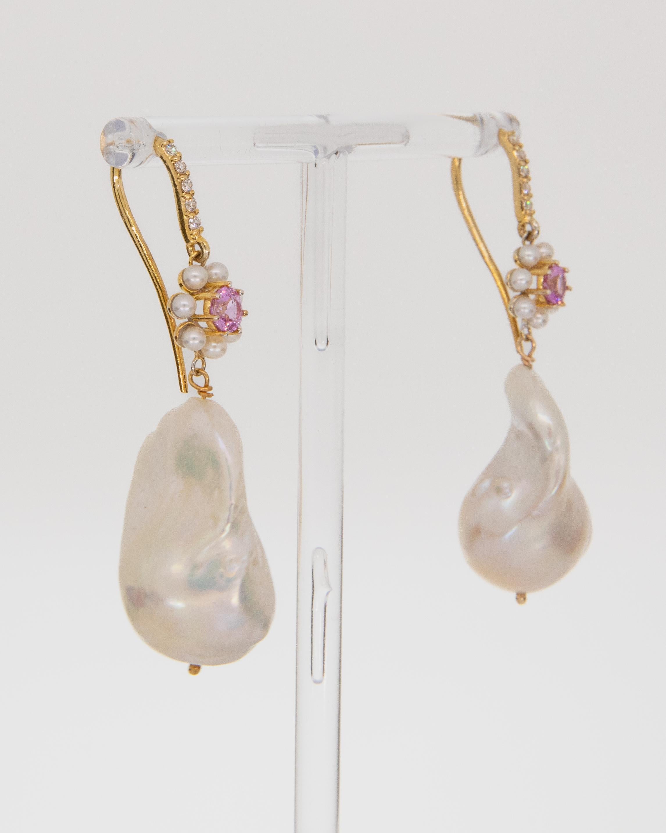 Floral Bouquet Earring with pink sapphires and Baroque Pearls For Sale 2