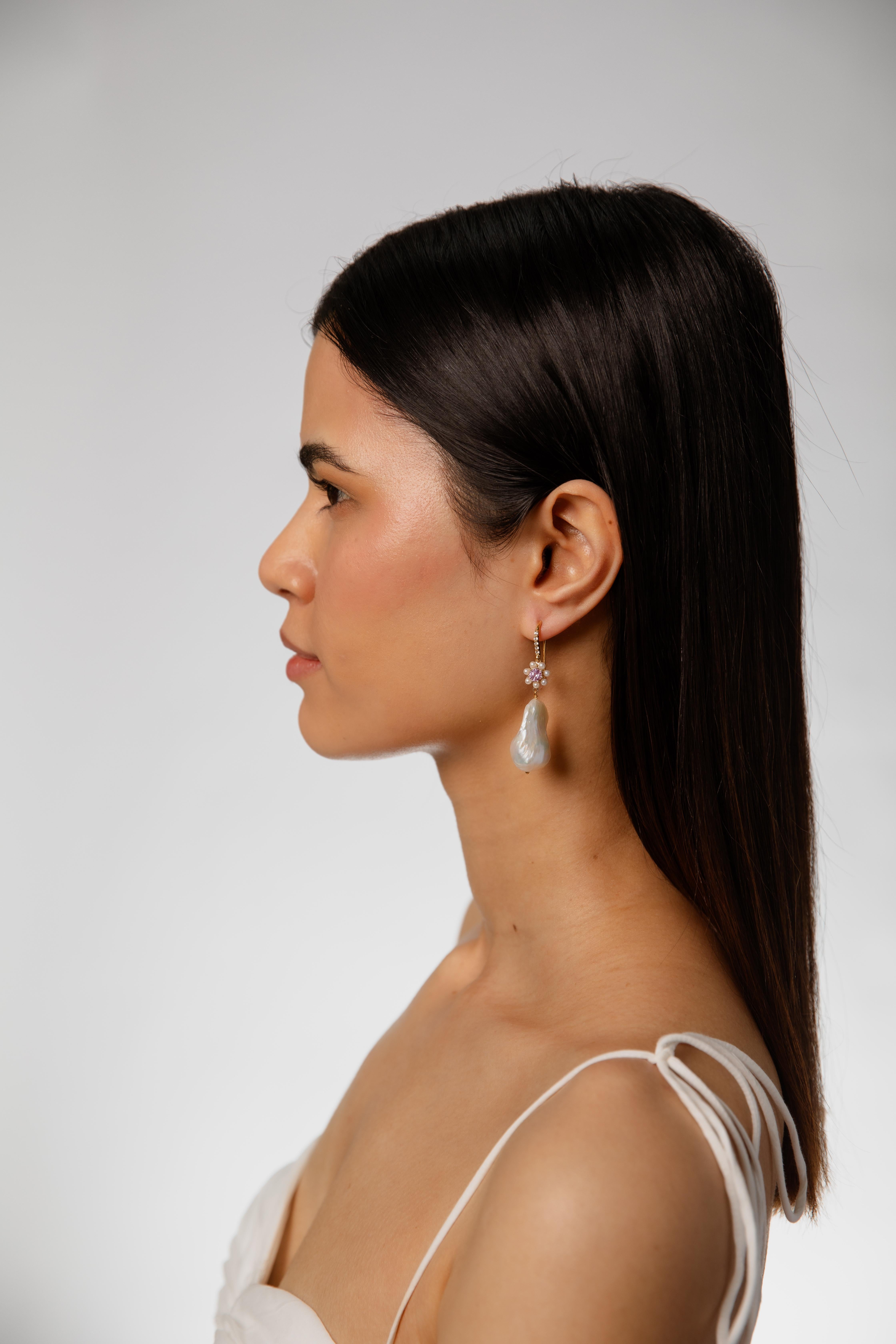 Floral Bouquet Earring with pink sapphires and Baroque Pearls For Sale 4