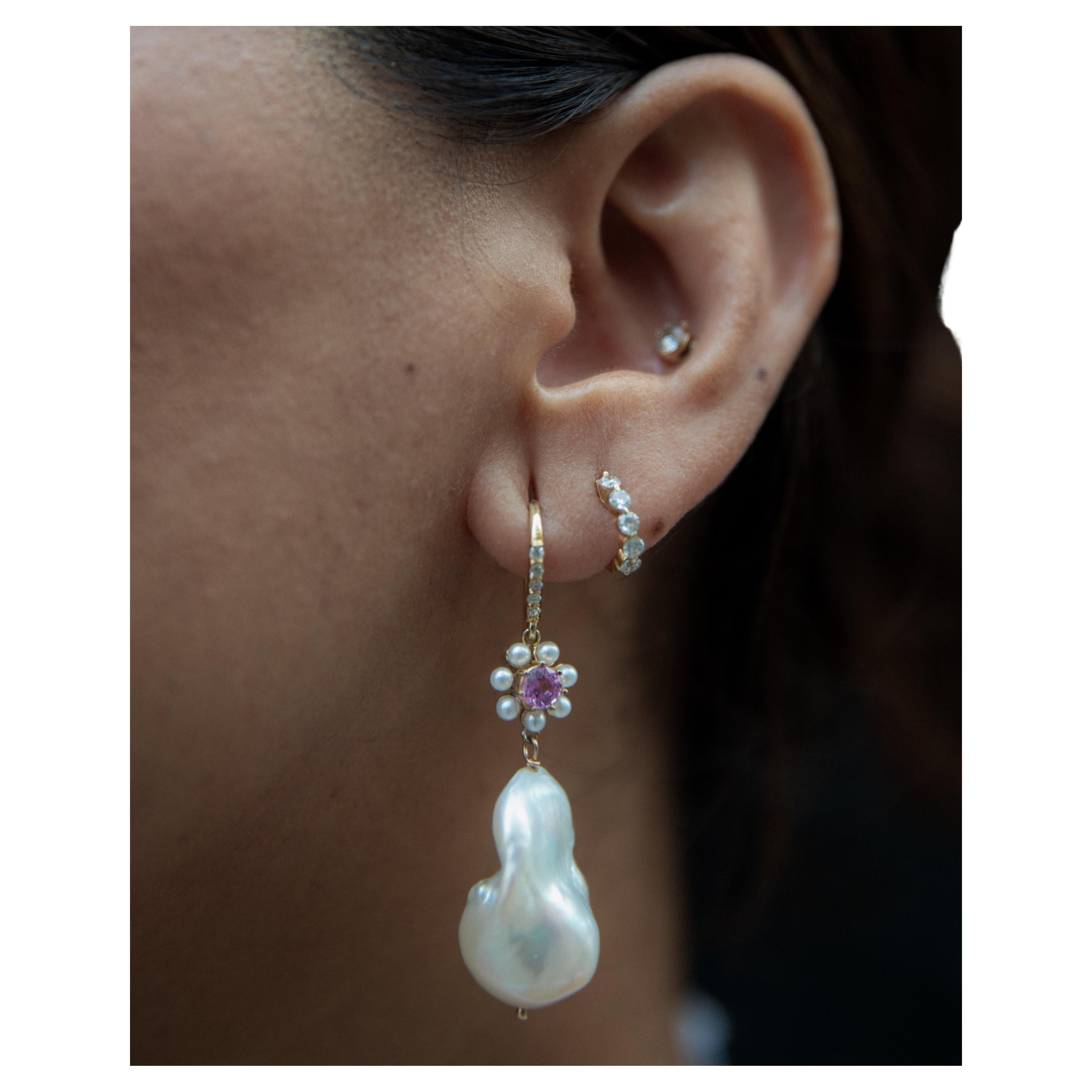 Round Cut Floral Bouquet Earring with pink sapphires and Baroque Pearls For Sale