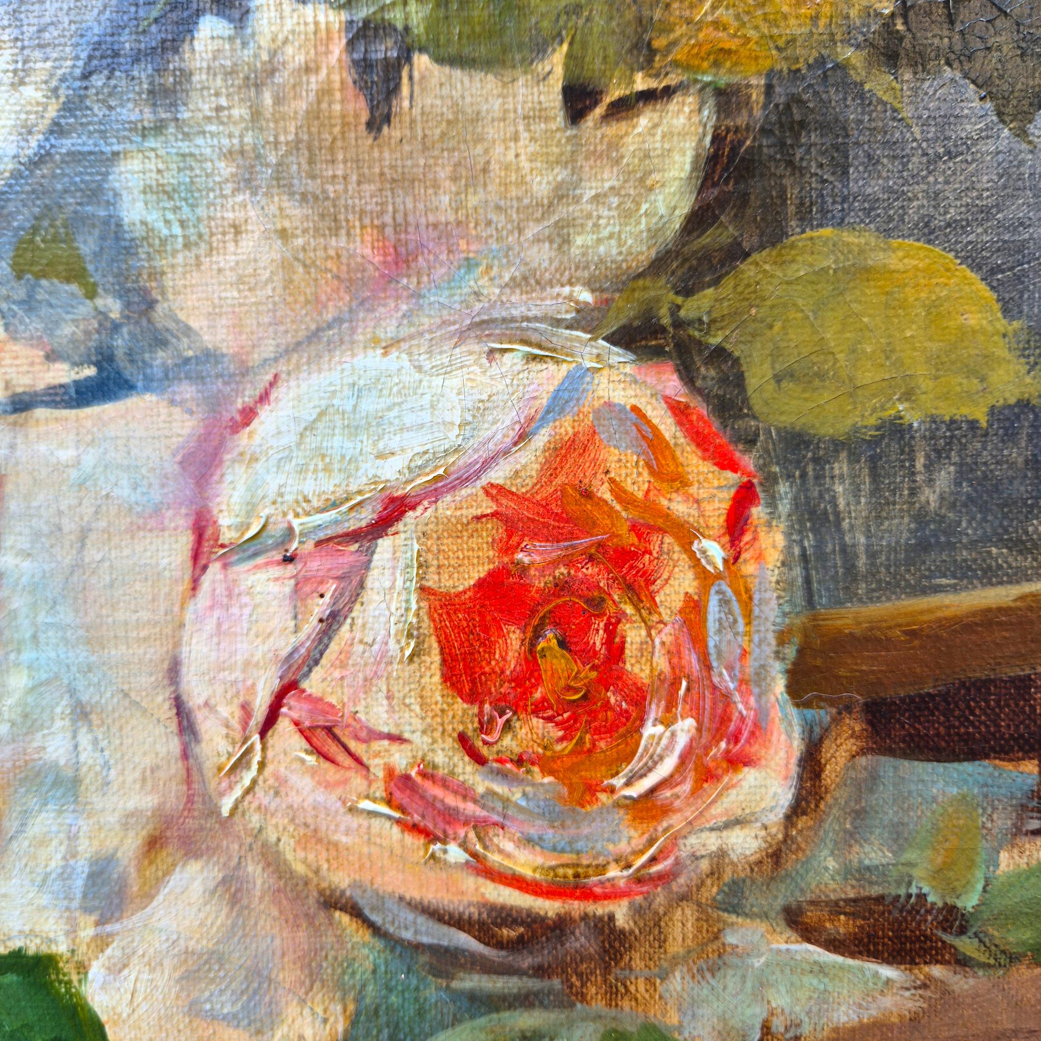 Blumenstrauß, signiert von Sanchez, Öl auf Leinwand, 19. im Angebot 4