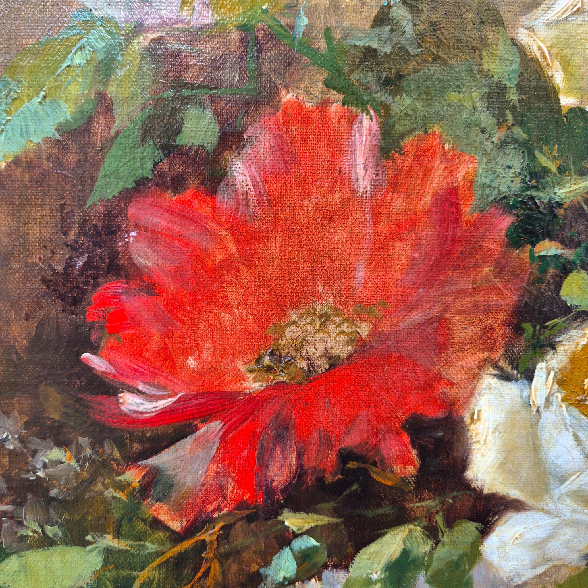 Blumenstrauß, signiert von Sanchez, Öl auf Leinwand, 19. im Angebot 5