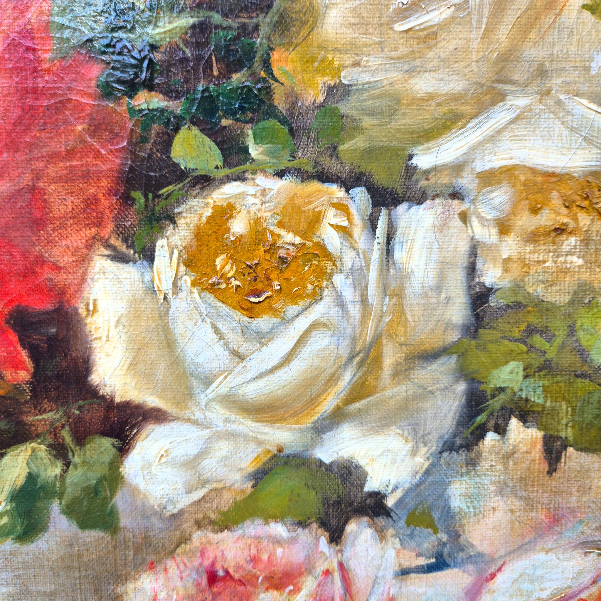 Blumenstrauß, signiert von Sanchez, Öl auf Leinwand, 19. im Angebot 6