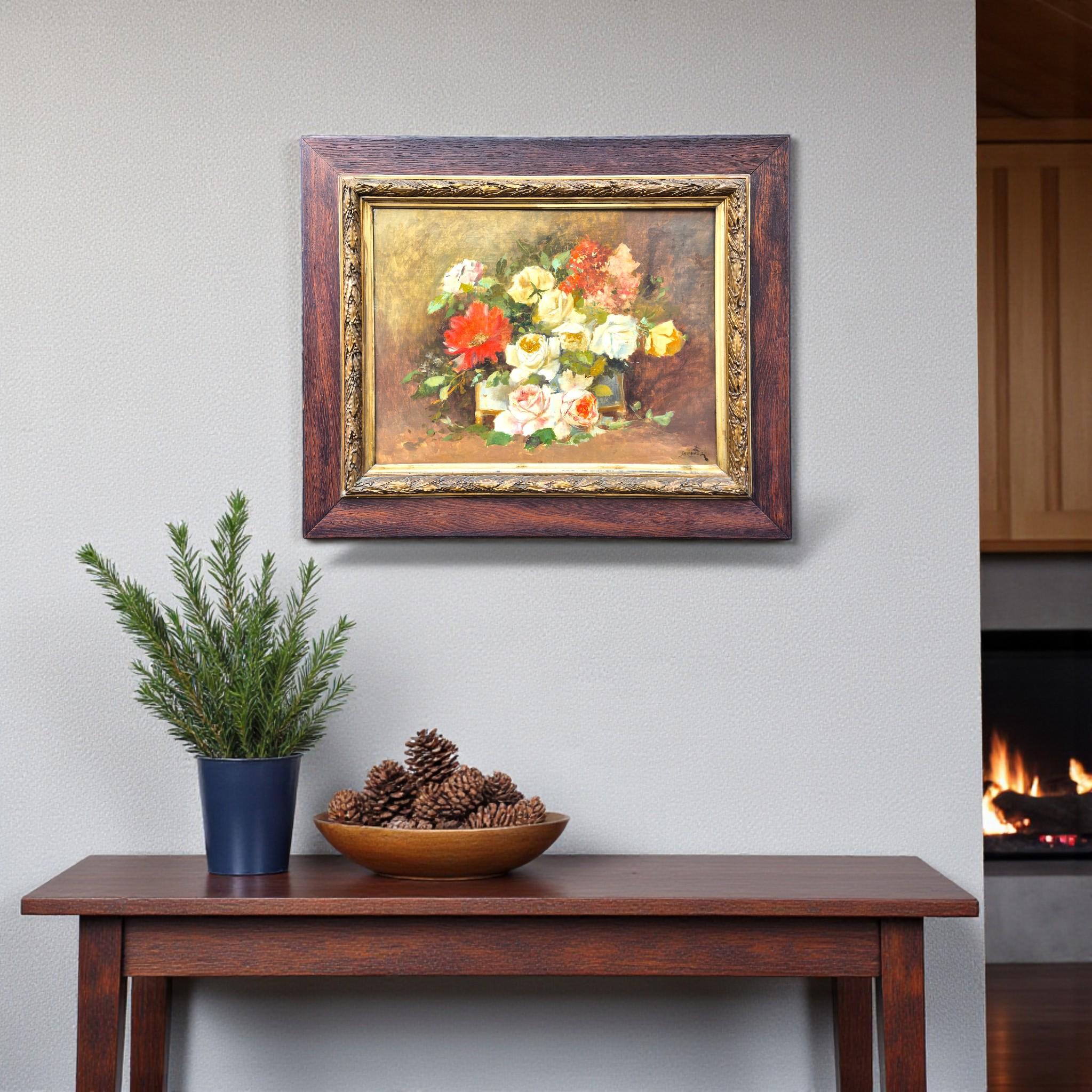 Blumenstrauß, signiert von Sanchez, Öl auf Leinwand, 19. (Napoleon III.) im Angebot