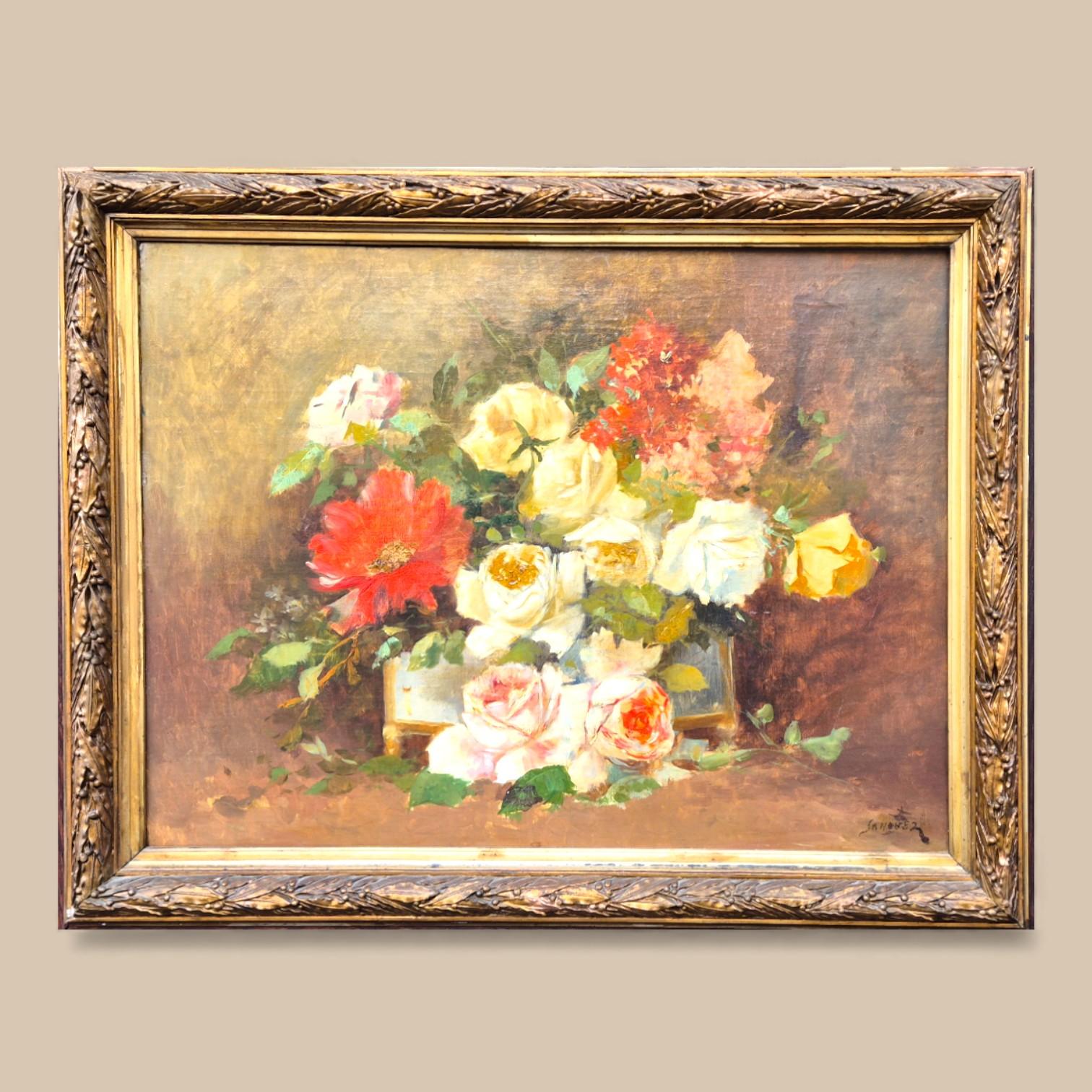 Blumenstrauß, signiert von Sanchez, Öl auf Leinwand, 19. (Französisch) im Angebot