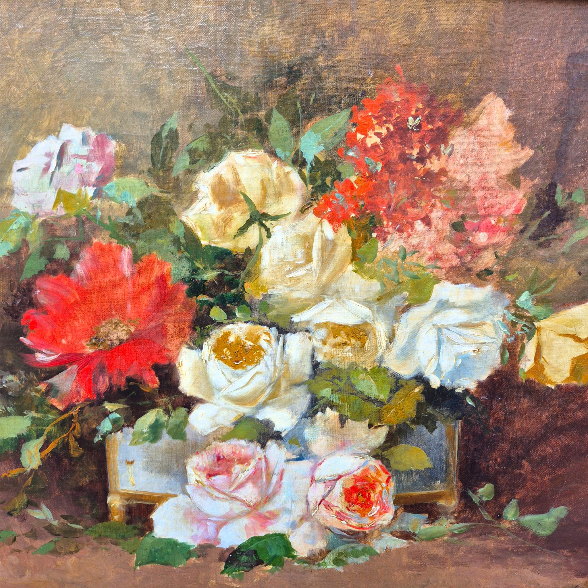 Blumenstrauß, signiert von Sanchez, Öl auf Leinwand, 19. im Angebot 1