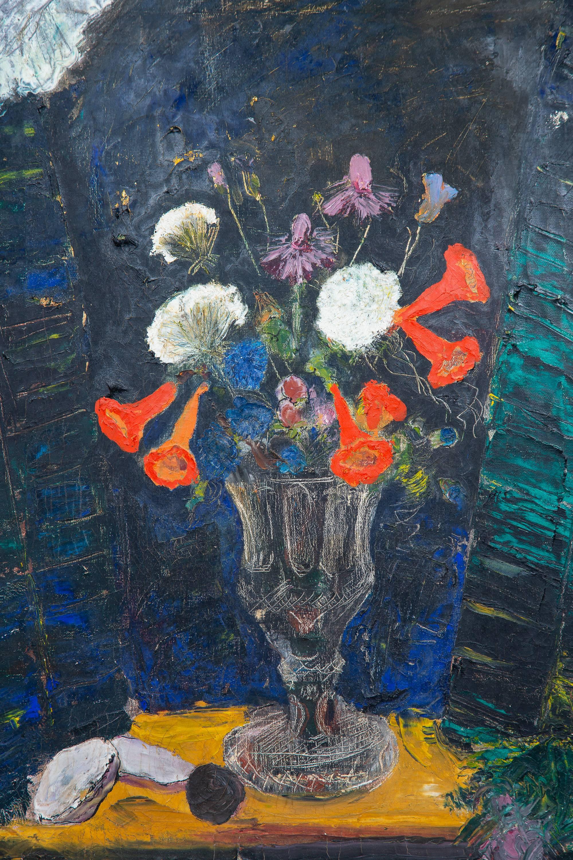 Beautiful floral bouquet in the moonlight still life oil on canvas with black background. Label on verso Rochester fine Art Exhibition. 
Paper label is partially missing, artist named Margaret H. 
Framed painting measures 29.5 inches H x 22.75 W x