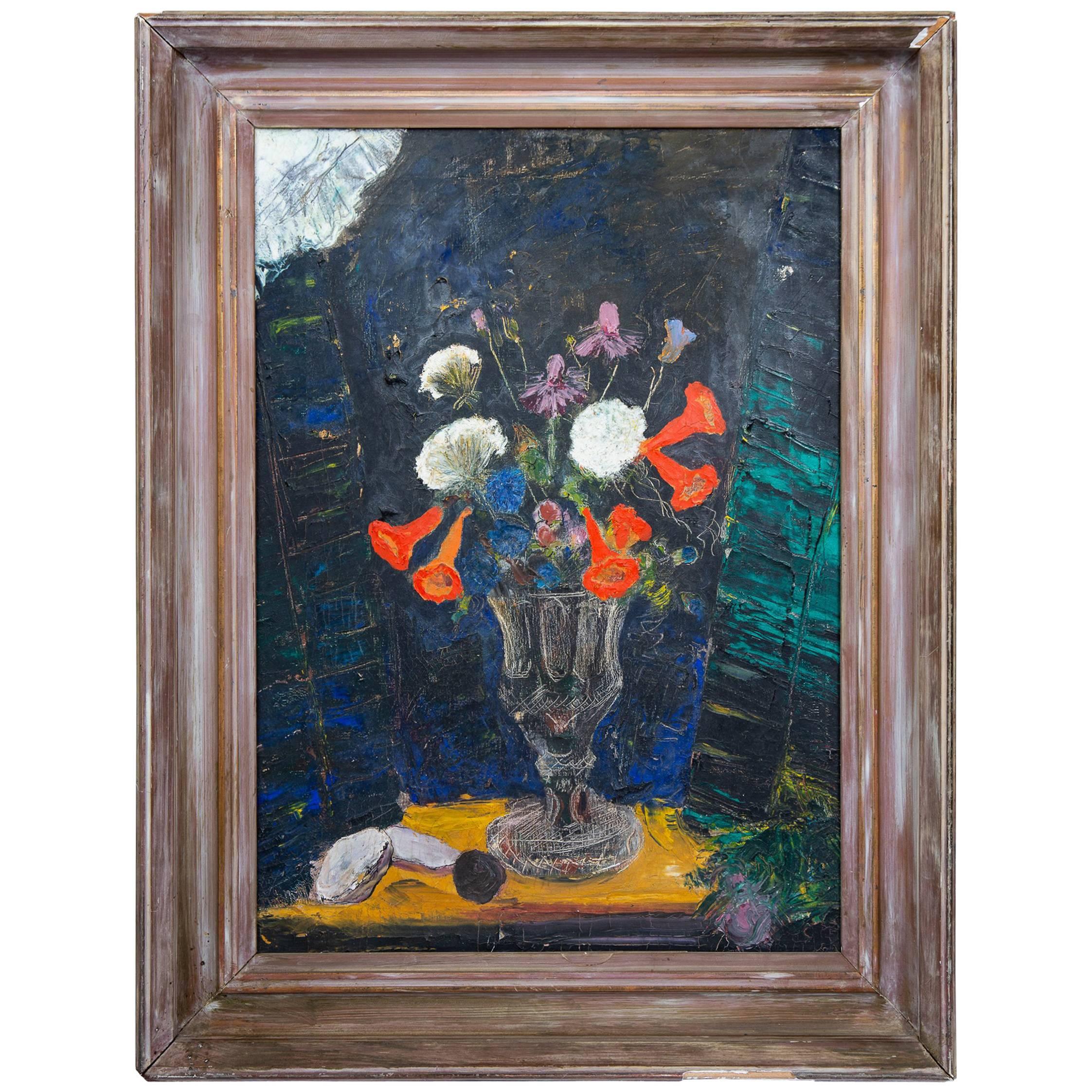 Floral Bouquet In Moonlight Still Life Oil on Canvas Painting For Sale