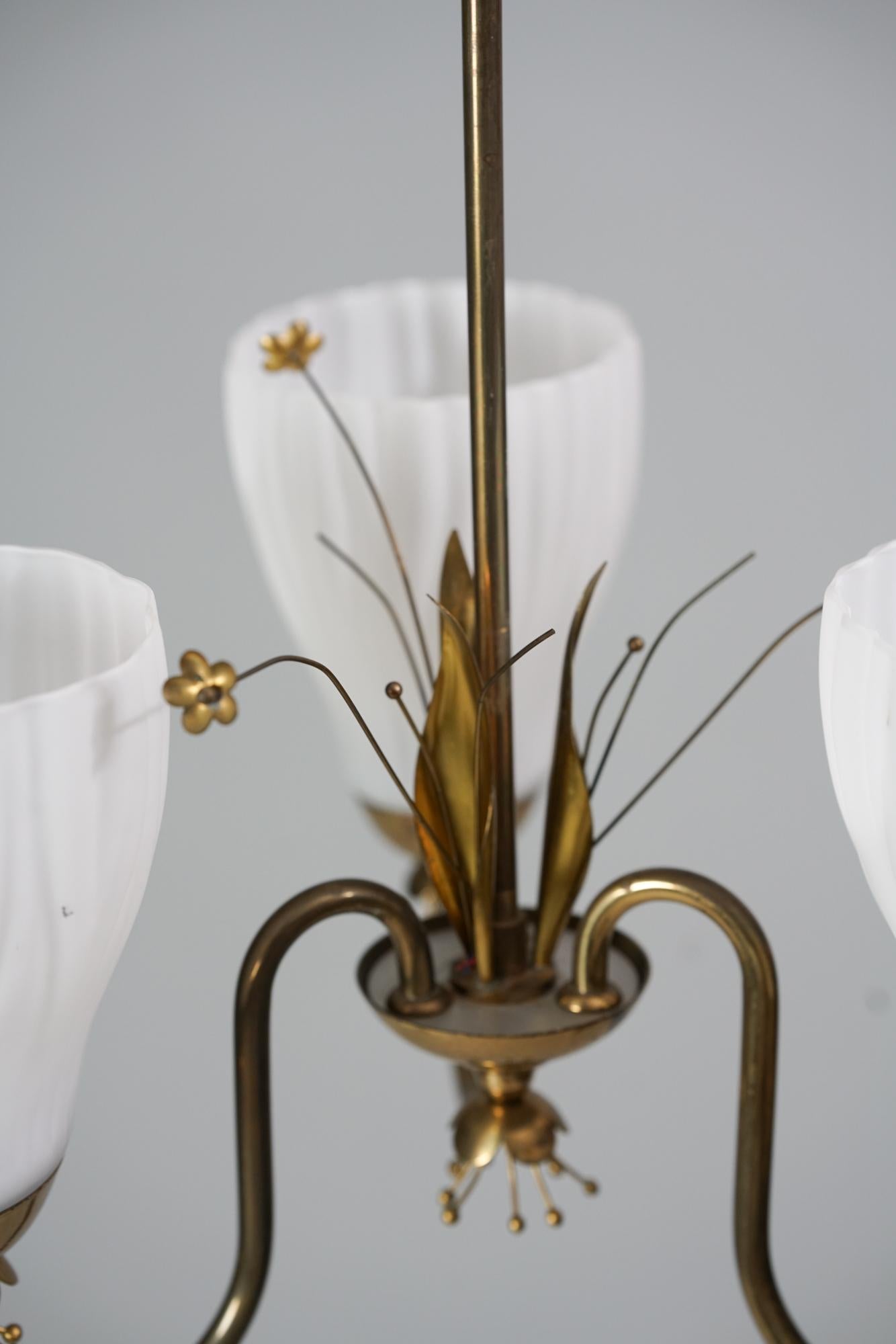 Milk Glass Floral Brass Pendant attrb. Paavo Tynell, Idman Oy, 1950s For Sale