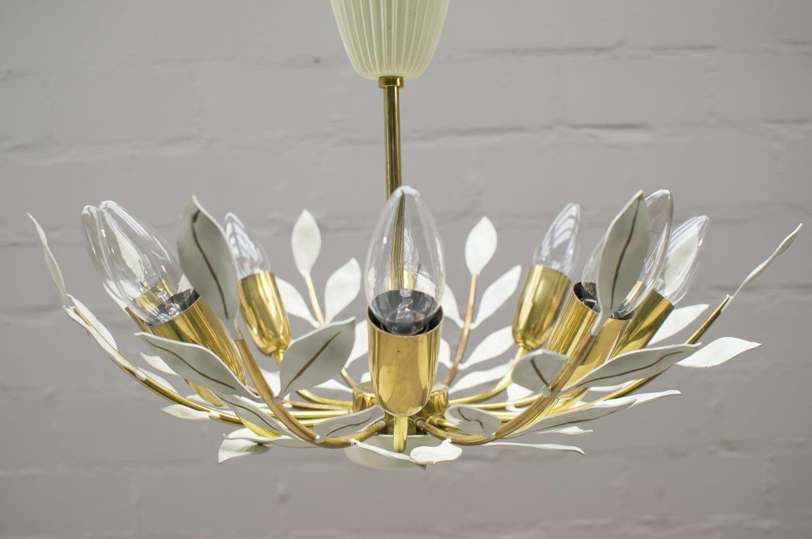 Very elegant ceiling lamp. Manufactured by Vereinigte Werkstätten Munich, Germany in 1960s. 

Executed in massive brass. The chandelier needs 8 x E14 Edison screw fit bulbs.

They are wired, in working condition and run both on 110 / 230 volt.