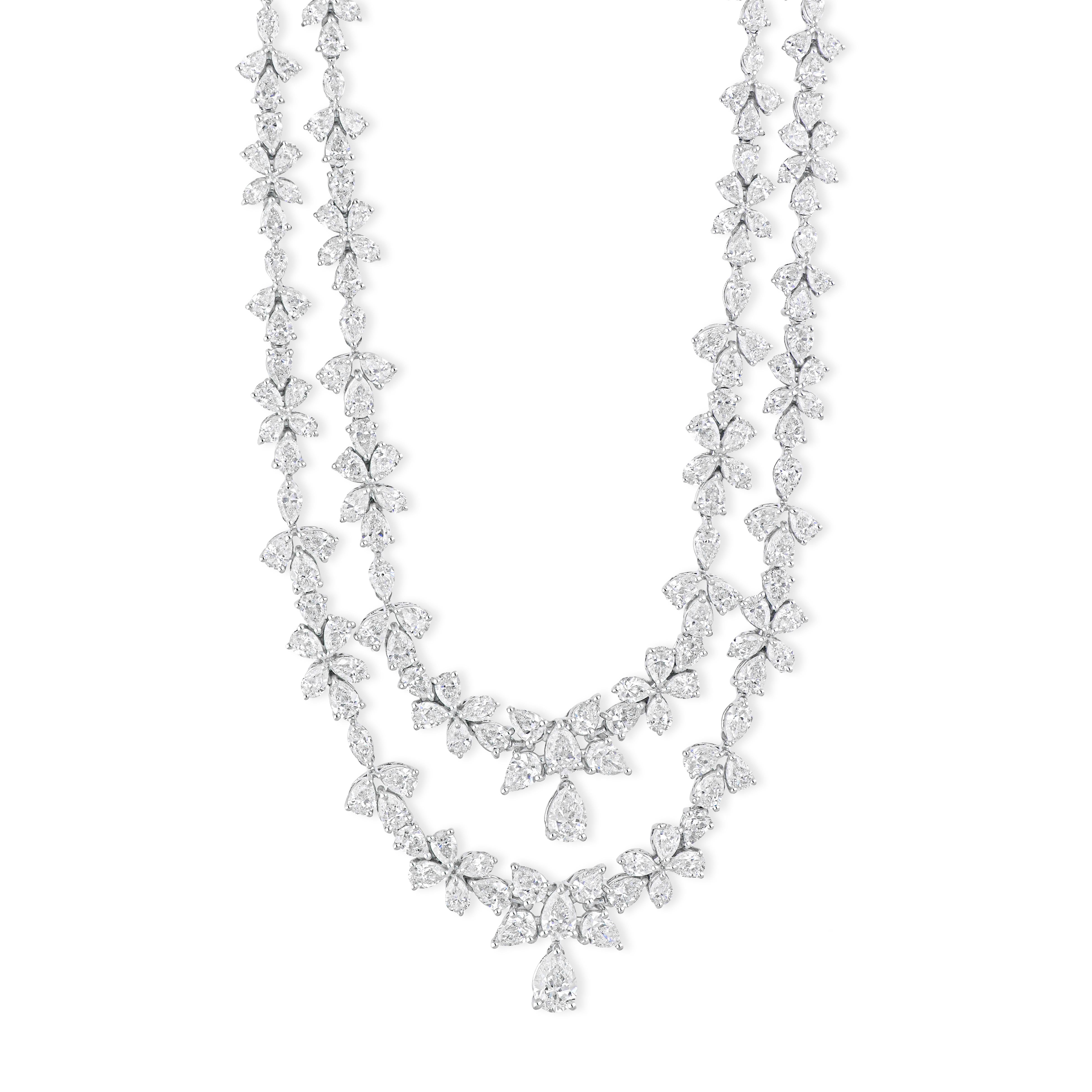 Taglio a goccia Collana floreale da sposa con diamanti a strati da 22,42 carati per la moglie in oro bianco da 18 carati in vendita