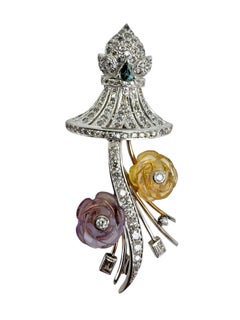 Floral Brooch in 18K White & Yellow Gold with Diamond, Carved Amethyst, Citrine