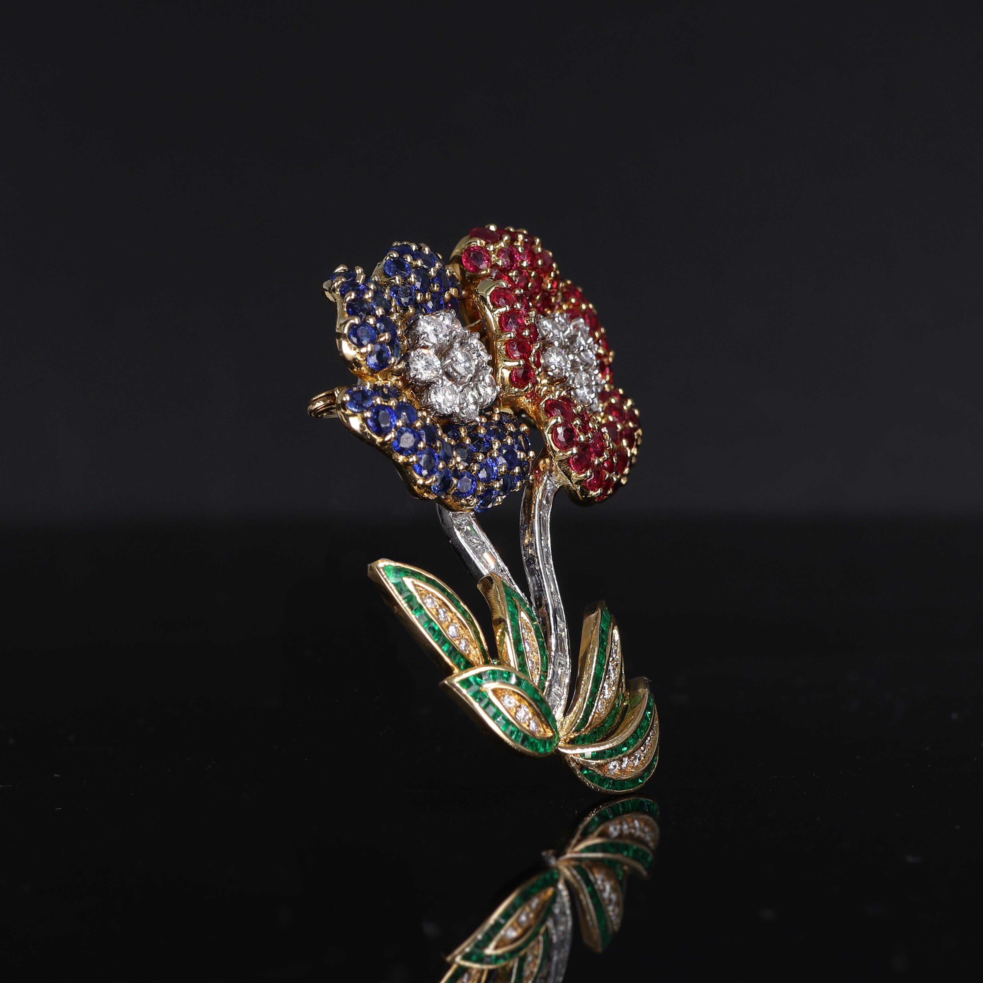 Brilliant Cut Floral Brooch in Yellow and White Gold with Rubies, Sapphires, Emeralds, and Dia For Sale