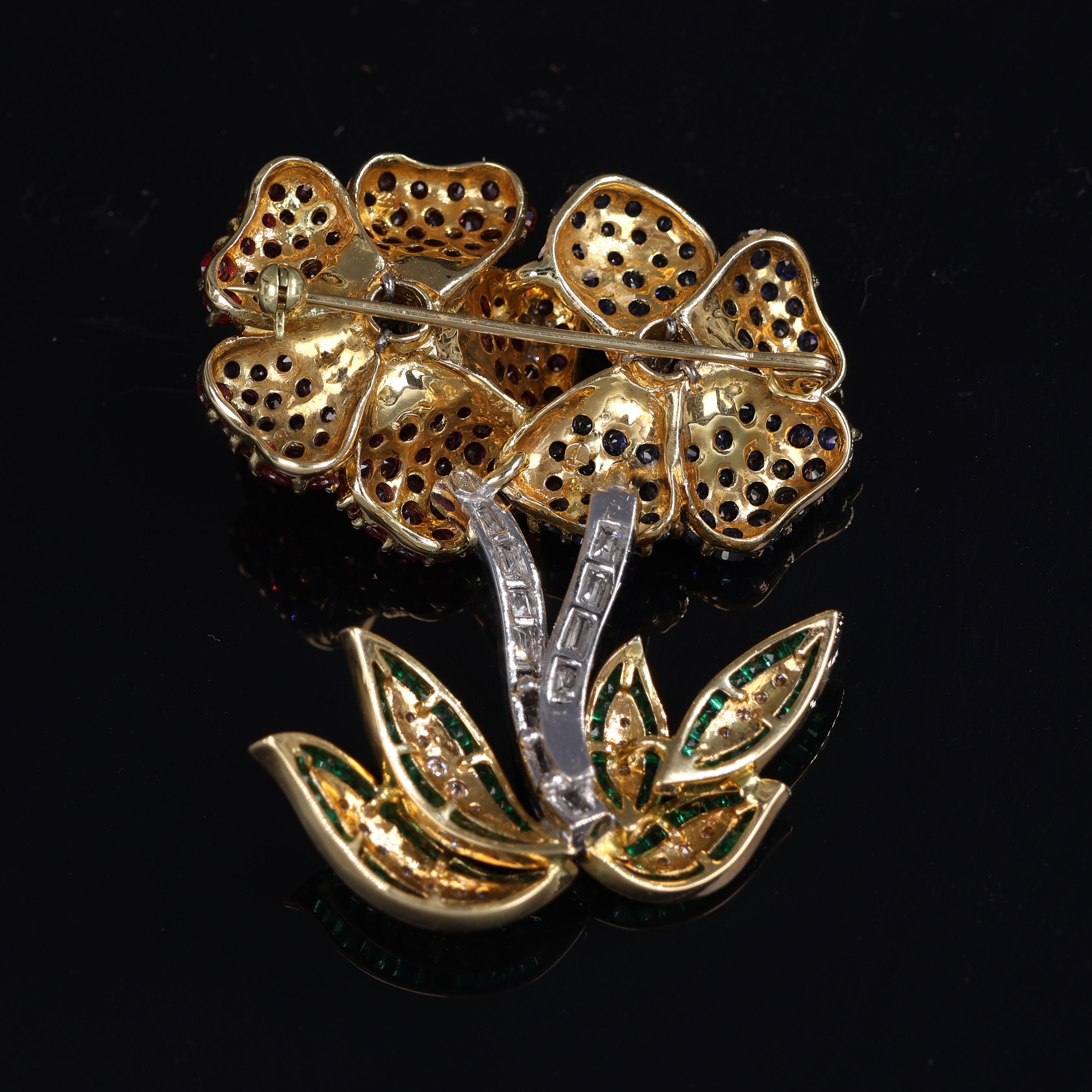 Women's or Men's Floral Brooch in Yellow and White Gold with Rubies, Sapphires, Emeralds, and Dia For Sale