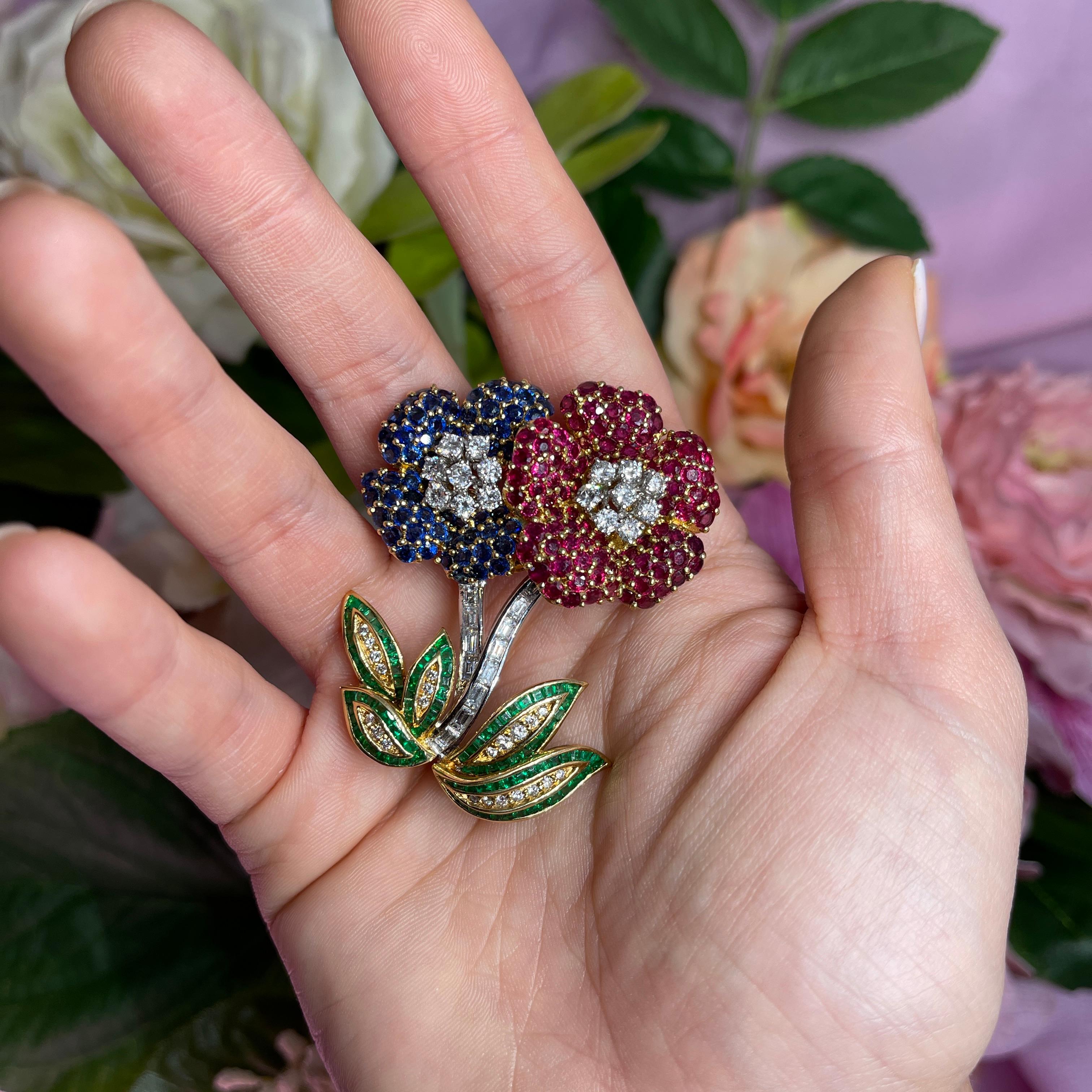 Floral Brooch in Yellow and White Gold with Rubies, Sapphires, Emeralds, and Dia For Sale 1
