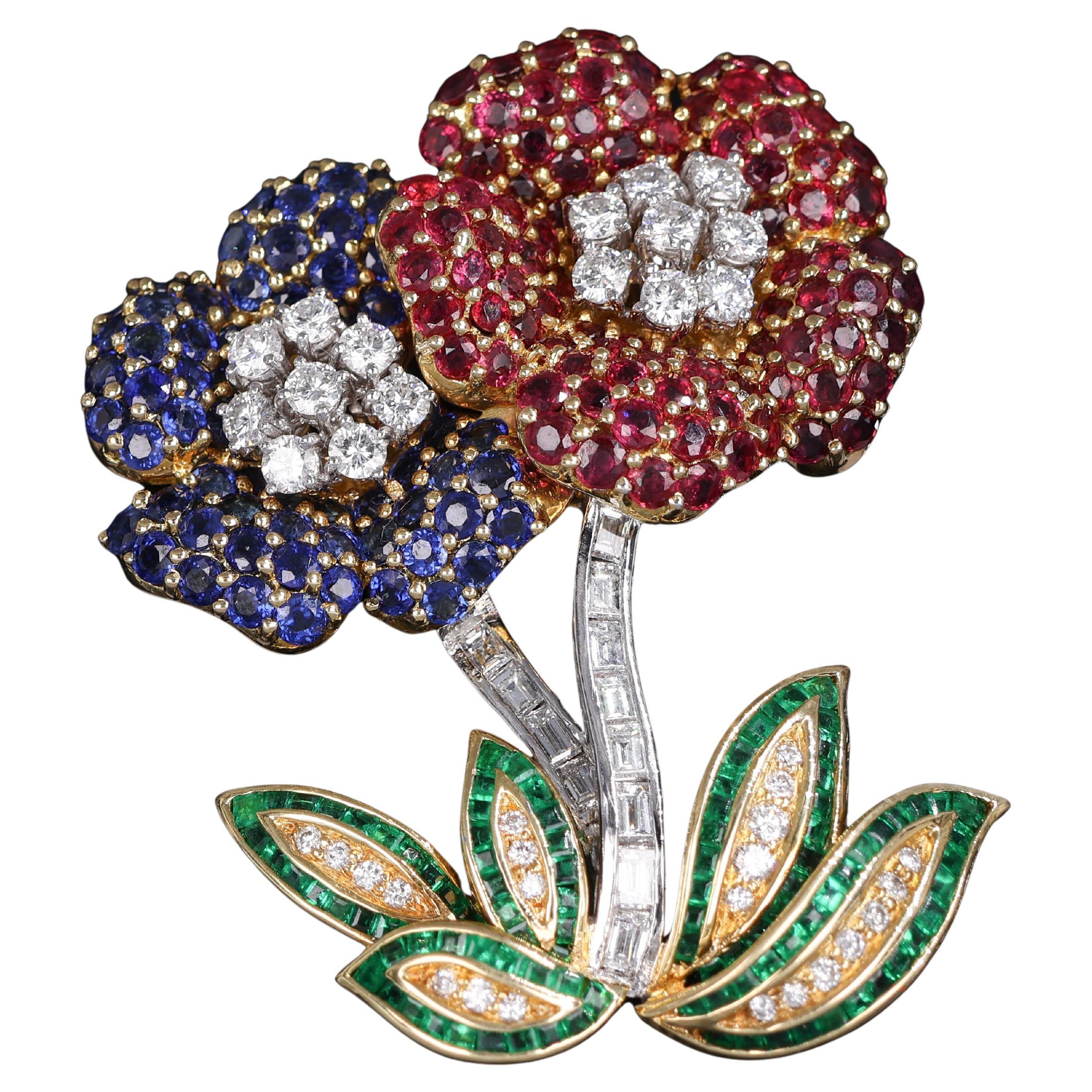 Floral Brooch in Yellow and White Gold with Rubies, Sapphires, Emeralds, and Dia For Sale