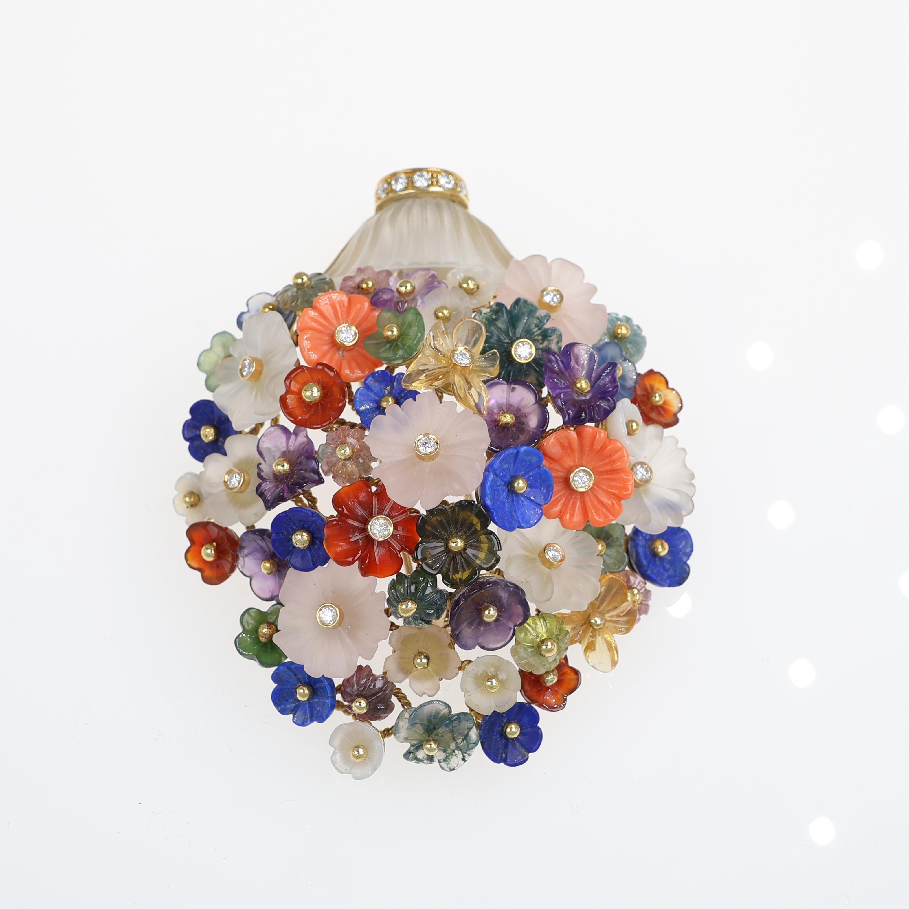 Brilliant Cut Floral Brooch in Yellow Gold with Rock Crystal, Hand-Carved Hardstones, and Diam For Sale