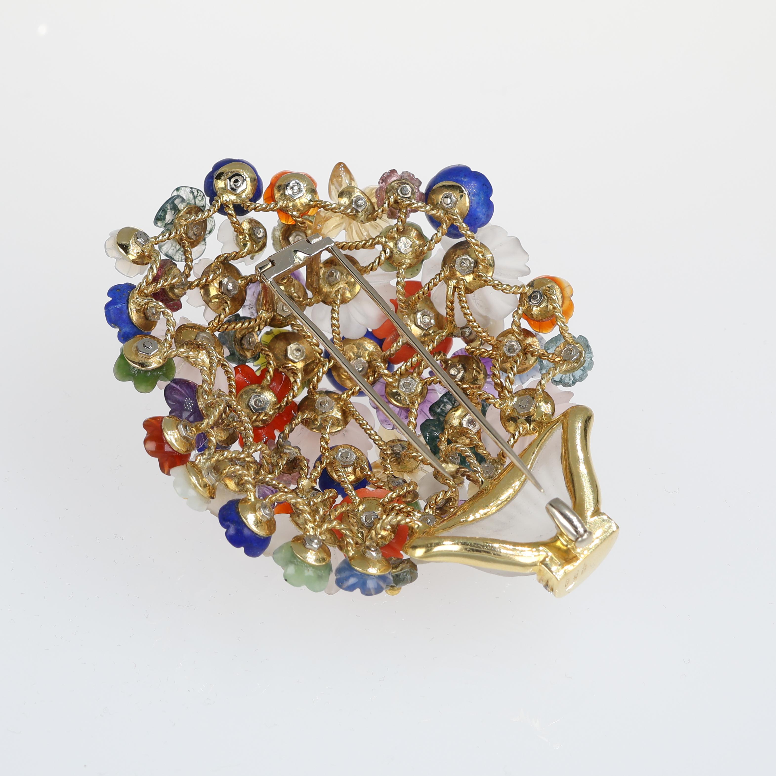 Women's or Men's Floral Brooch in Yellow Gold with Rock Crystal, Hand-Carved Hardstones, and Diam For Sale