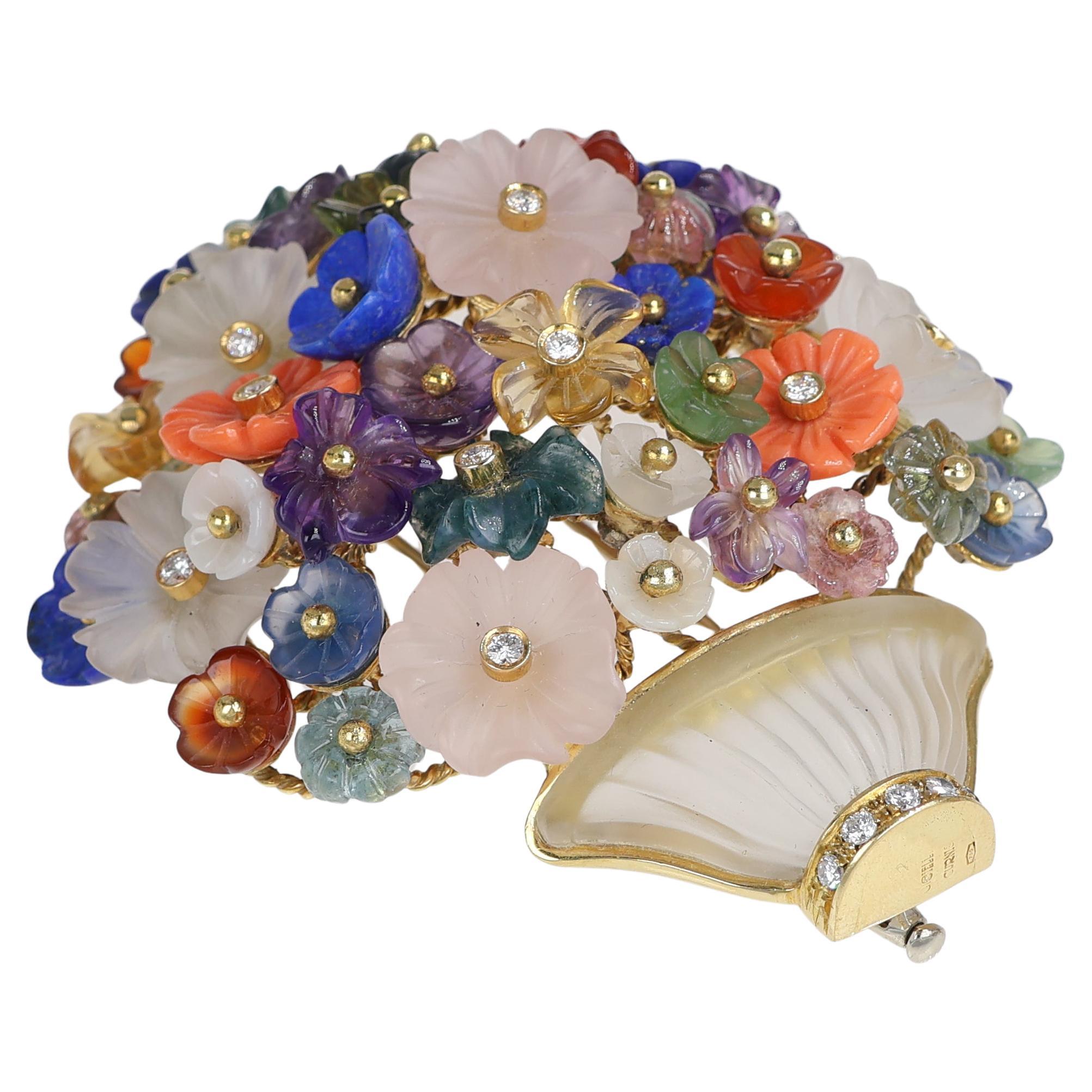 Floral Brooch in Yellow Gold with Rock Crystal, Hand-Carved Hardstones, and Diam