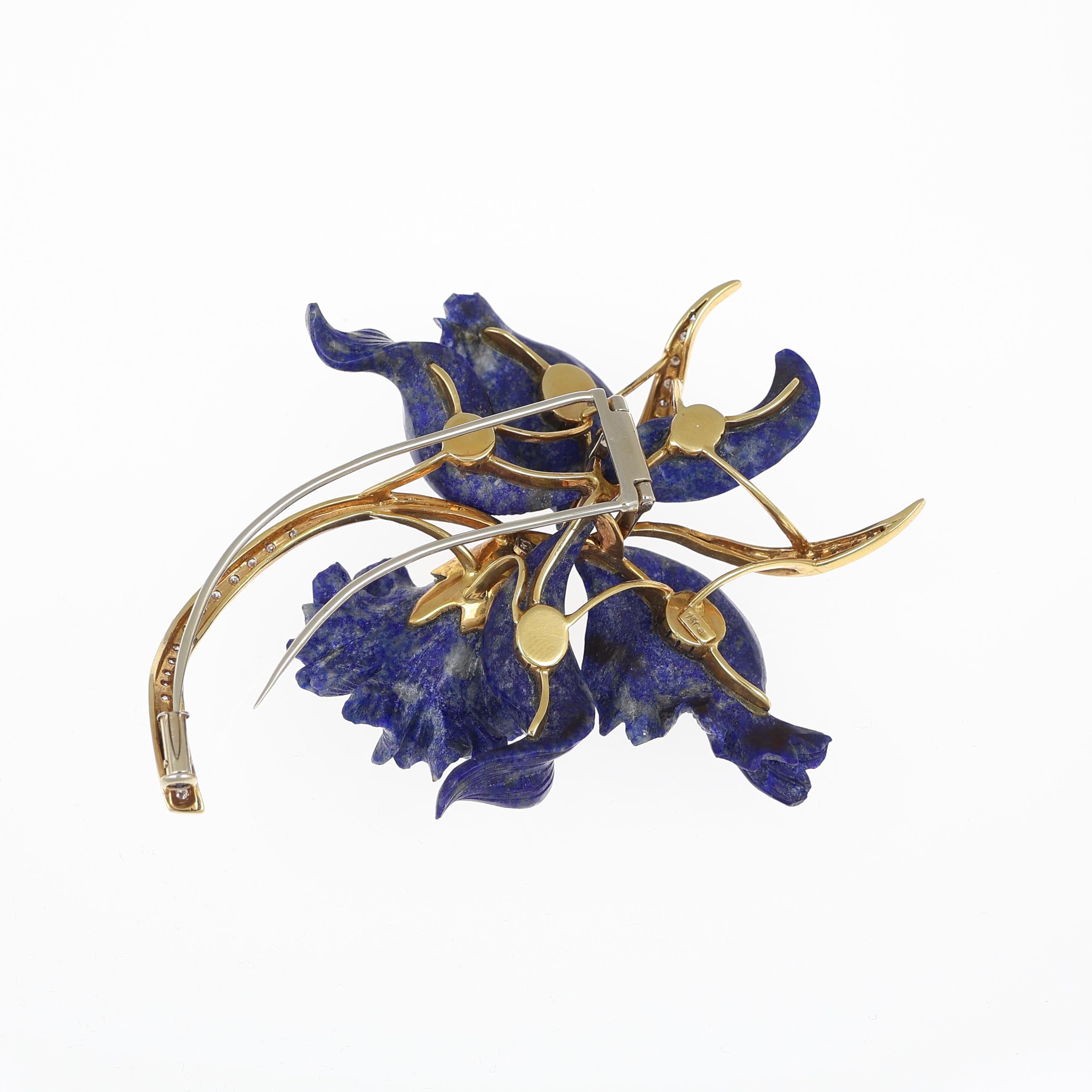 Pendentif floral en or jaune avec lapis naturel et diamants en vente 3