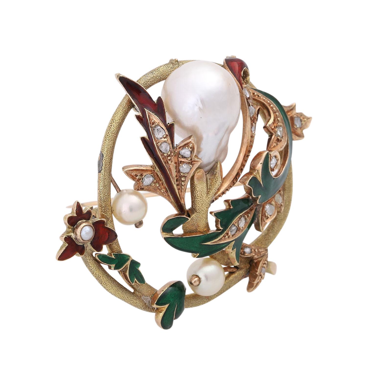 Floral brooch with cultured pearls and diamond roses, details red and green enamelled, GG. 53x42 mm, signs of wear, stones/enamel partly damaged/m. small eruptions, back Traces of solder, brooch composed of several parts.

Brooch with cultured