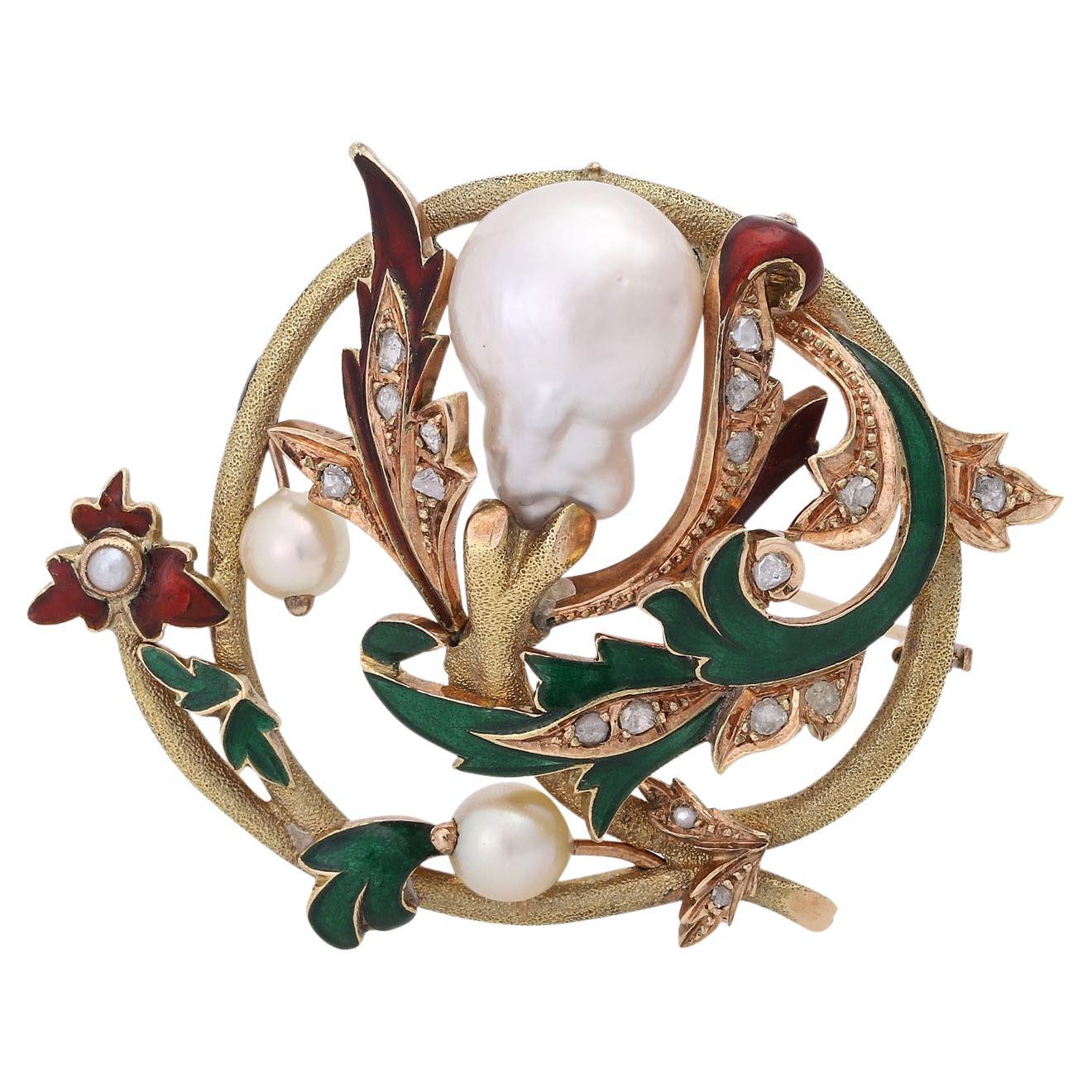 Floral Brooch with Cultured Pearls and Diamond Roses For Sale