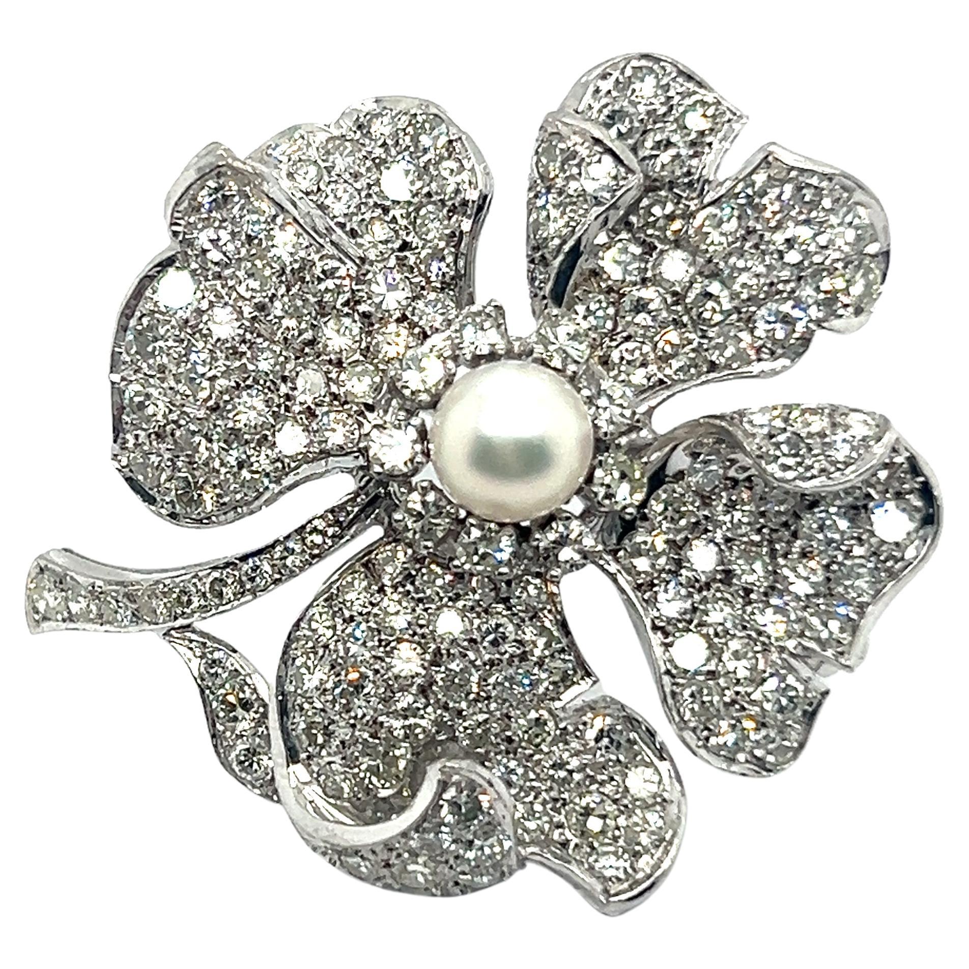Floral Brooch with Diamonds & Akoya Pearl in Platinum For Sale
