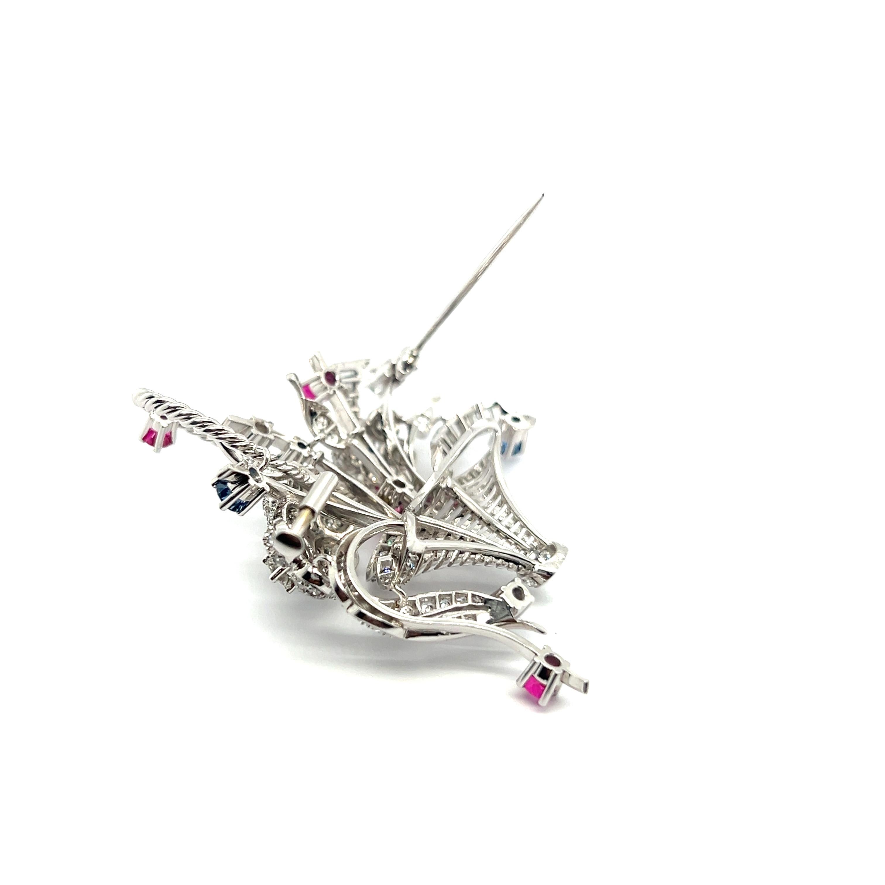 Floral Brooch with Diamonds, Pink & Blue Sapphires in 18 Karat White Gold For Sale 5