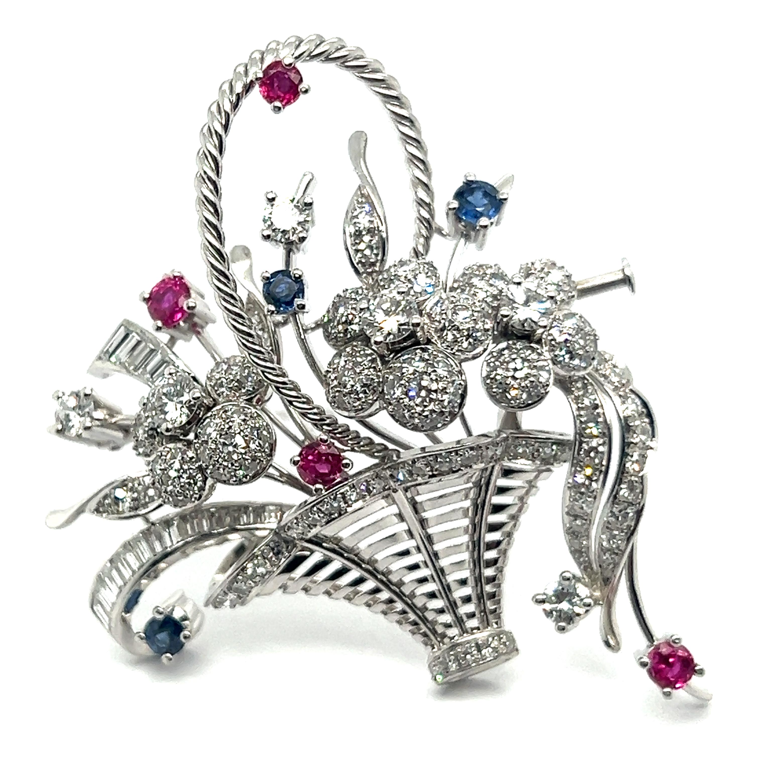 Modern Floral Brooch with Diamonds, Pink & Blue Sapphires in 18 Karat White Gold For Sale