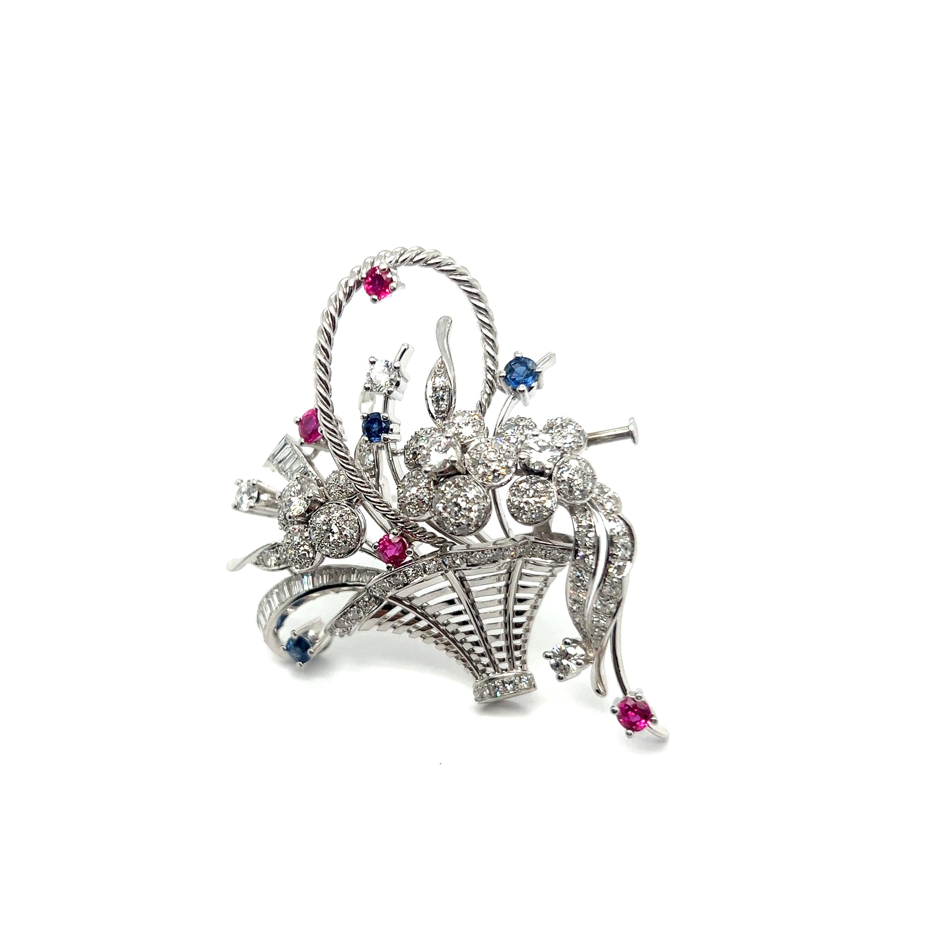 Women's or Men's Floral Brooch with Diamonds, Pink & Blue Sapphires in 18 Karat White Gold For Sale