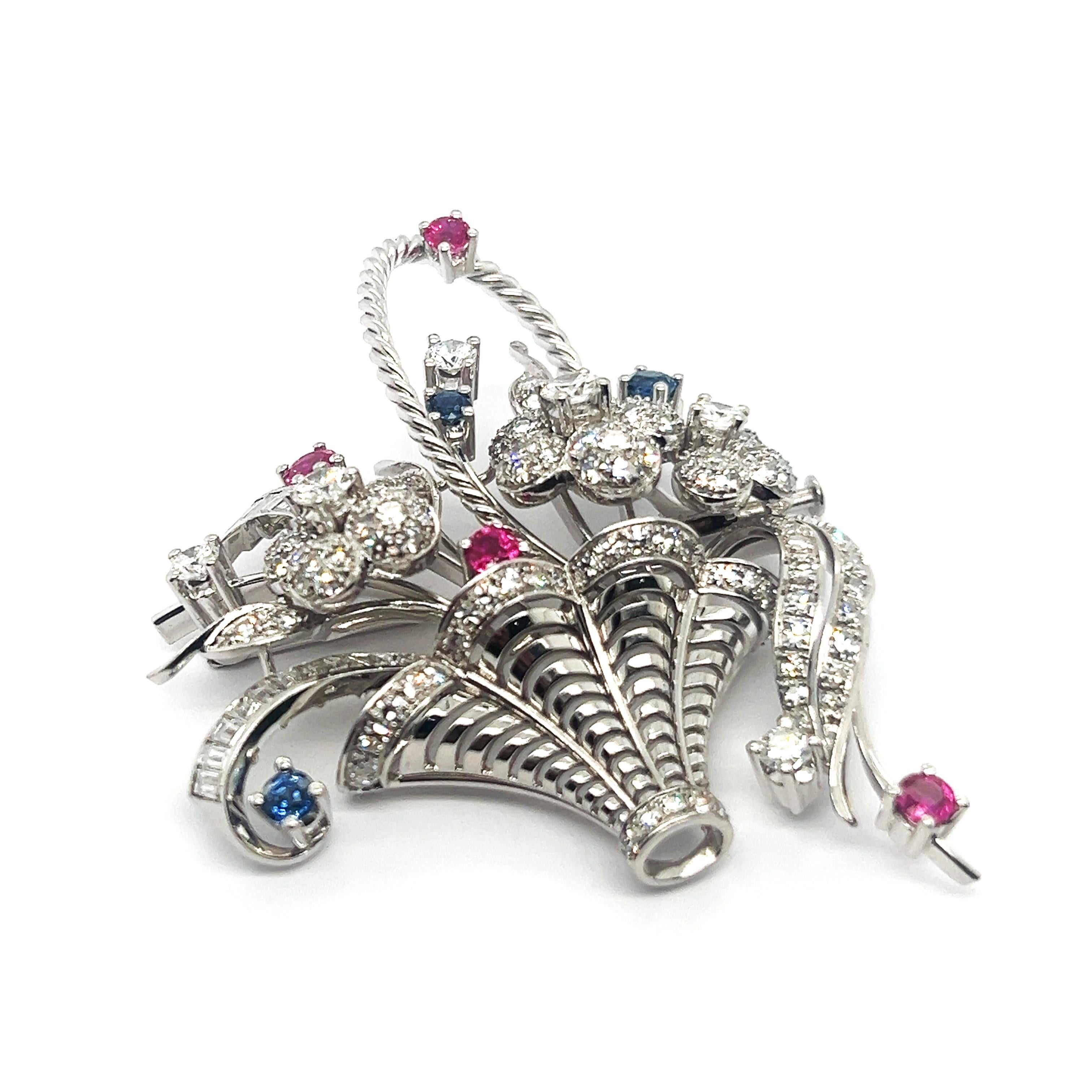 Floral Brooch with Diamonds, Pink & Blue Sapphires in 18 Karat White Gold For Sale 1