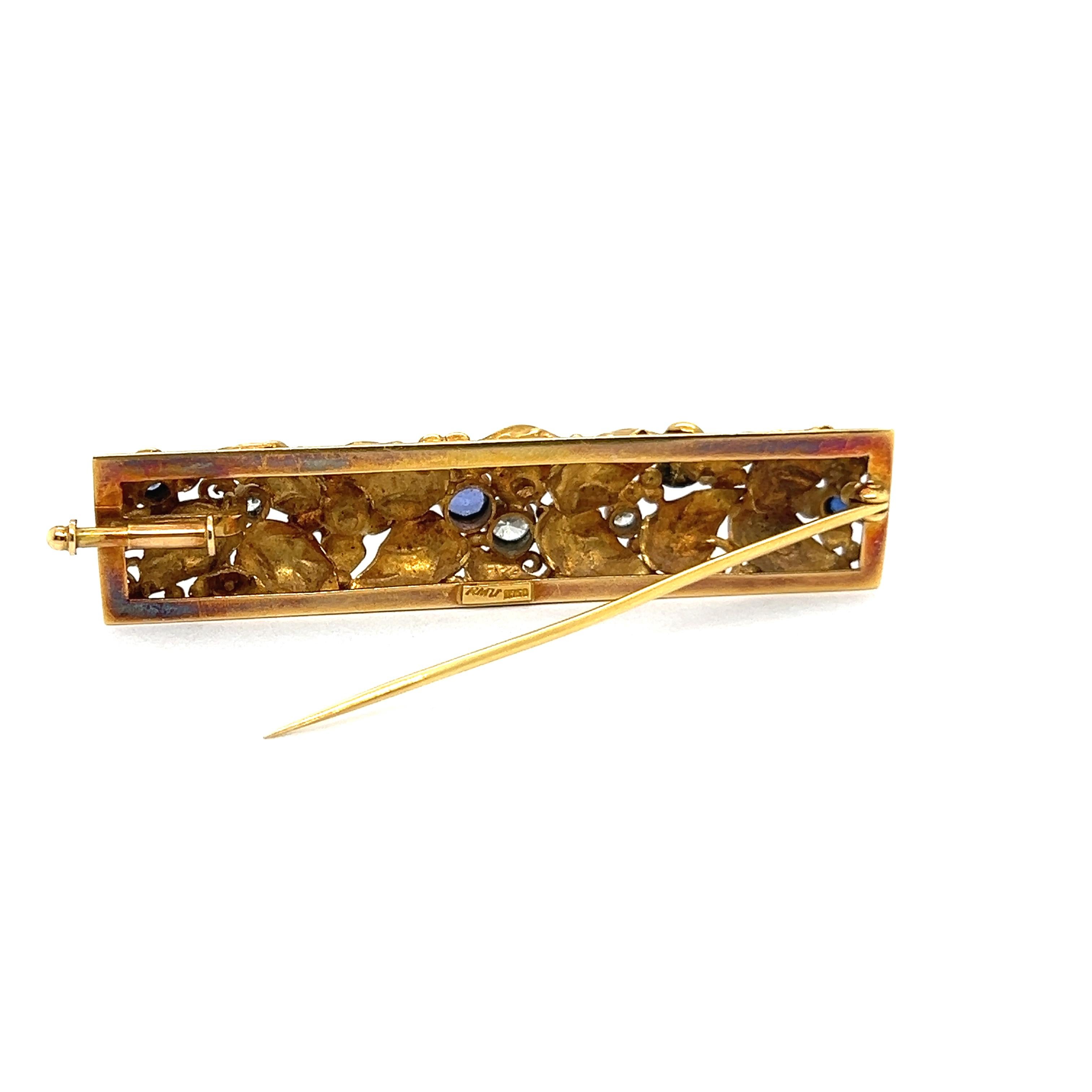 Broche Floral con Zafiros, Diamantes y Perlas en Oro Amarillo de 18 Kilates en venta 6