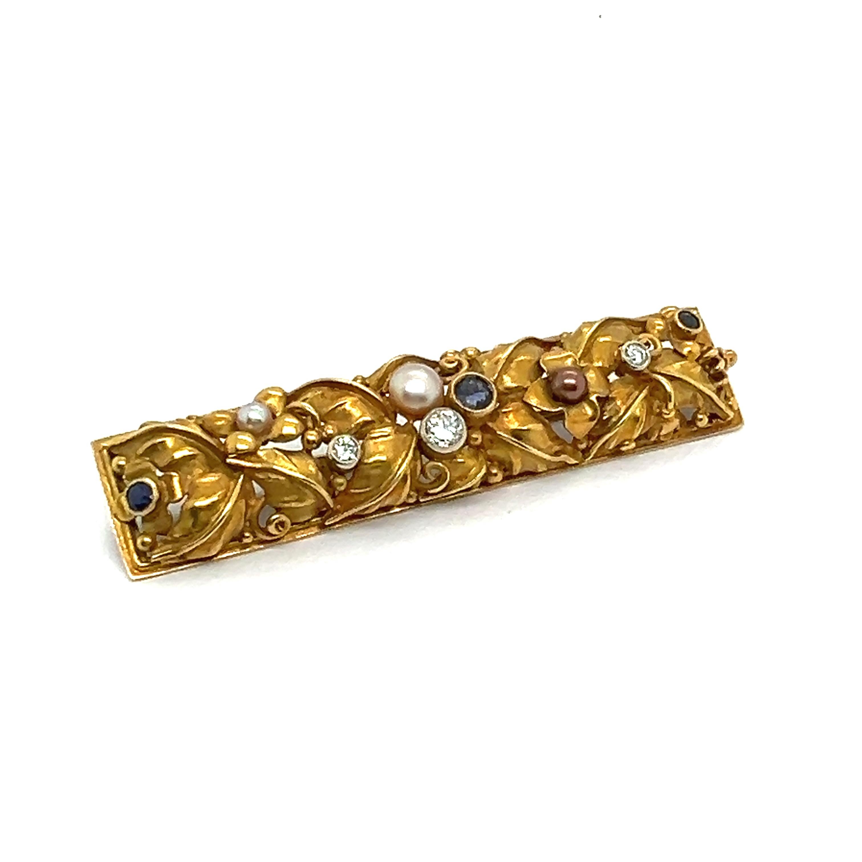 Broche Floral con Zafiros, Diamantes y Perlas en Oro Amarillo de 18 Kilates en venta 2